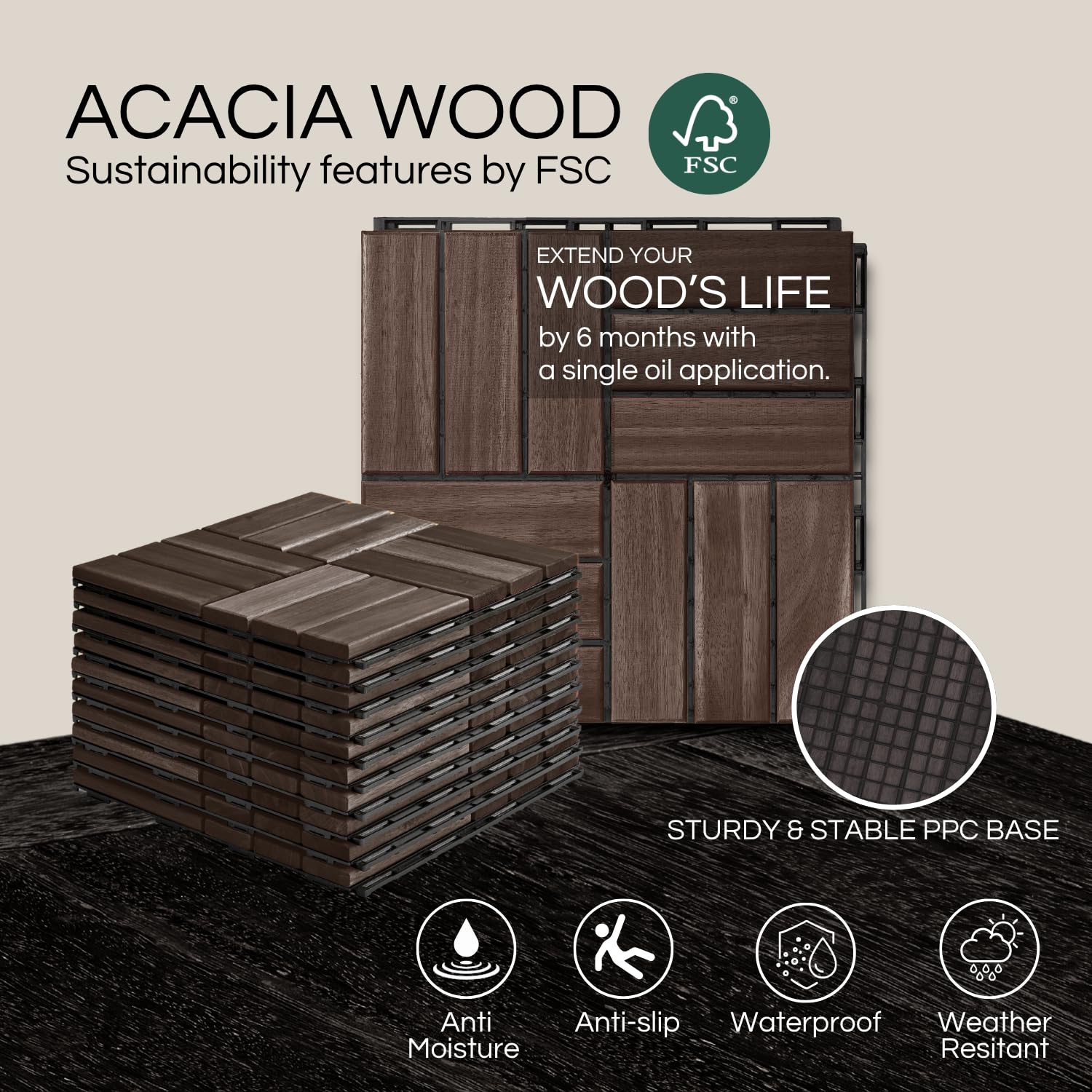 THYOI 10 Pcs Premium Deck Tiles, Patio Flooring - Outdoor Waterproof Acacia Wood Tiles for All Weather Use - Balcony, Backyard, Indoor & Outdoor (Espresso Crossed Pattern, 10 Square Ft)