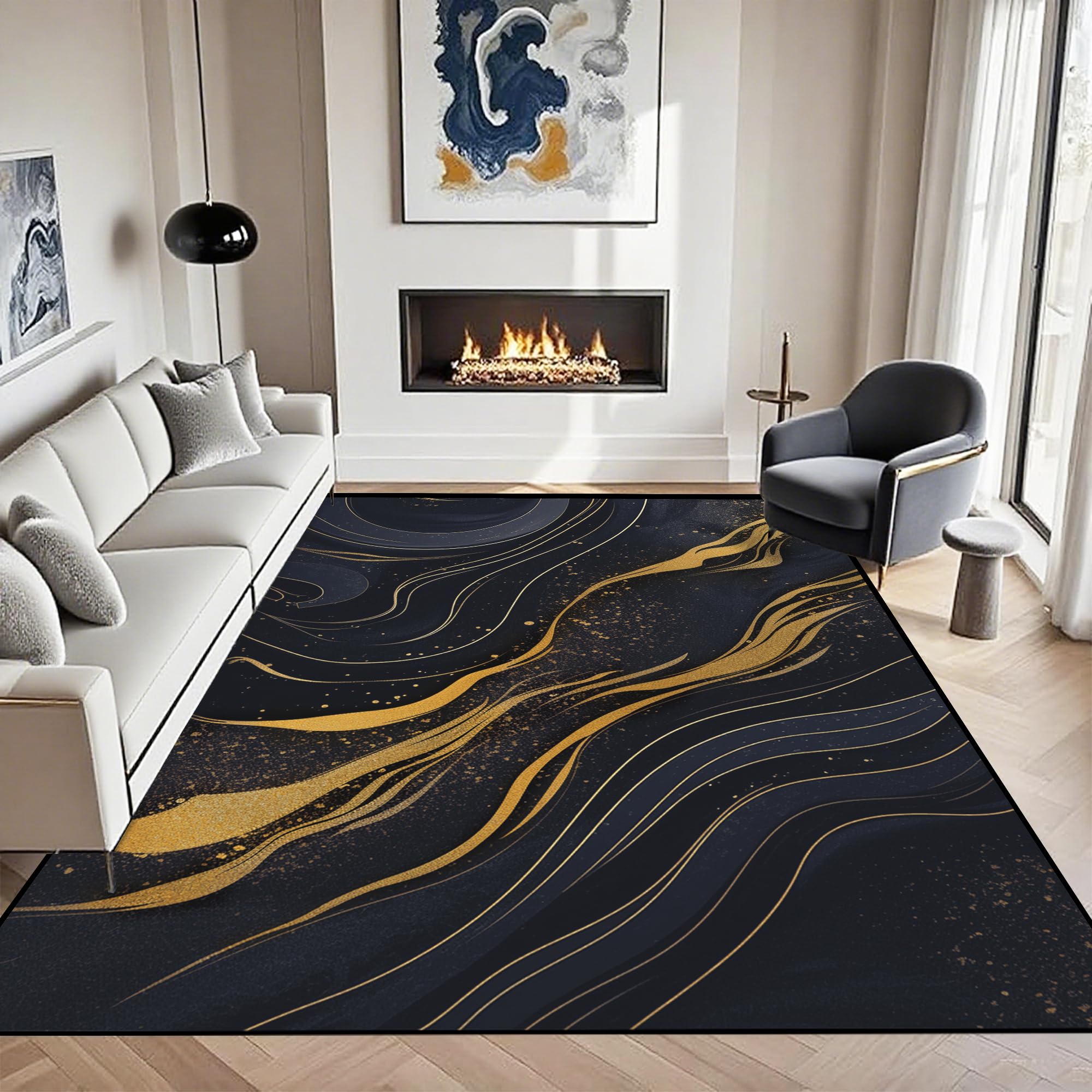 VTKON 6' x 9' Black Gold Stripe Marble Area Rug Luxury Rugs for Living Room for Kids Boys Living Room Bedroom Dorm Floor Mat Doormats Throw Rug Carpet