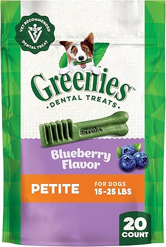 Greenies Golosinas dentales naturales para perros adultos recomendadas por veterinarios, tamaño pequeño, sabor arándano, paquete de 12 onzas, 20