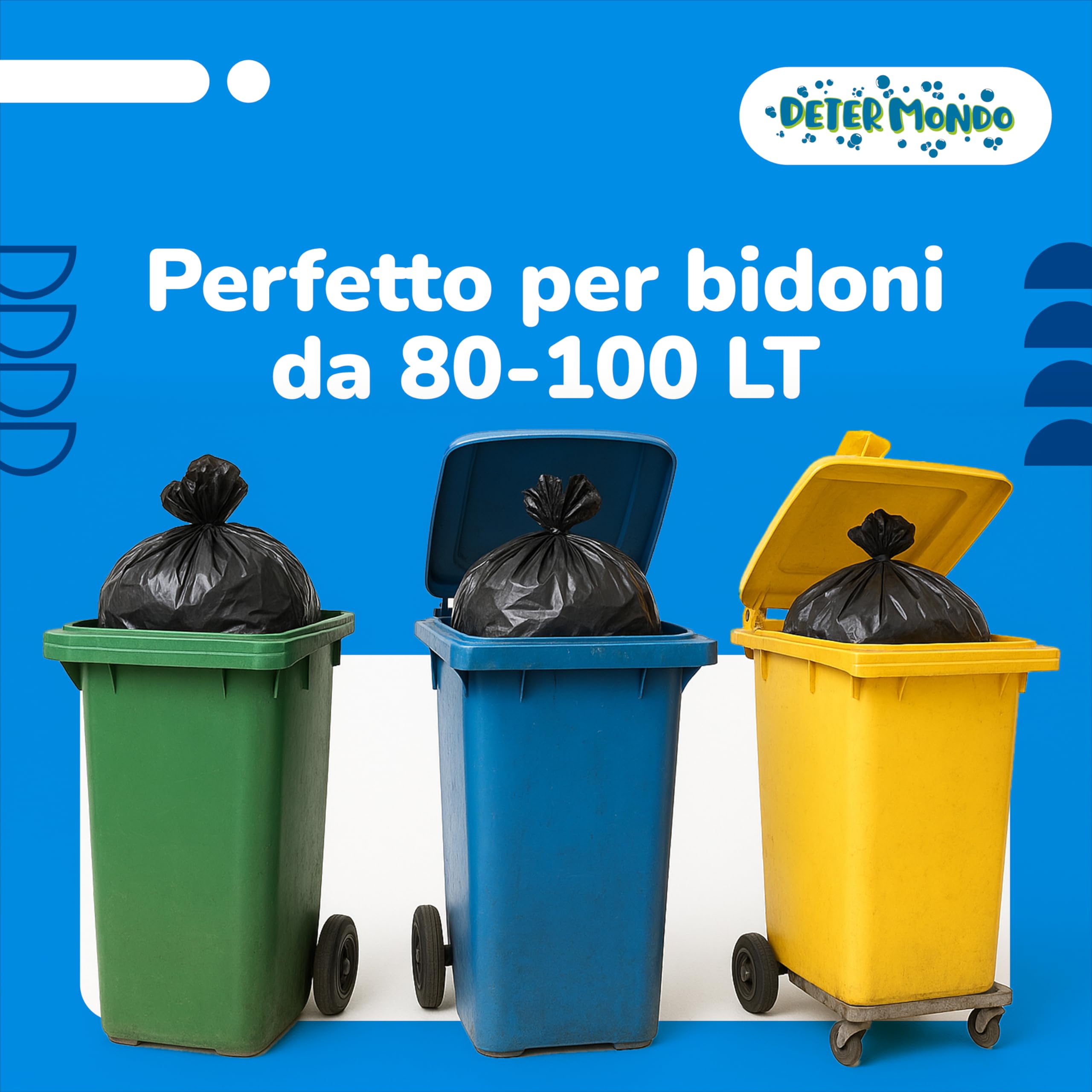 DETERMONDO 160 Sacchi Spazzatura Grandi 90x120 cm, Sacchi Neri per Rifiuti, Capacità di 120L, Resistenti, Riciclabili, Antistrappo e Antigoccia, Ecosostenibili, Made in Italy, 4 Rotoli da 10 pezzi