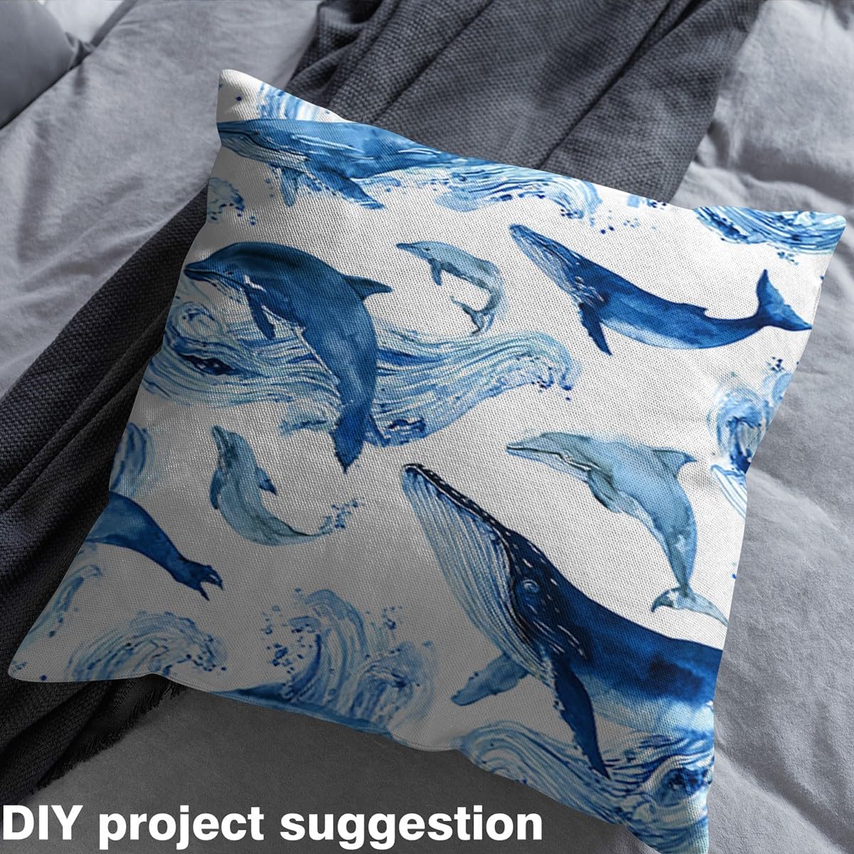 Feelyou Dolphin Fabric by The Yard, Watercolor Whales Cute Ocean Animal Upholstery Fabric for Chairs and Home DIY Projects, Jumping Dolphins Pattern Decorative Waterproof Fabric, 3 Yards, White Blue
