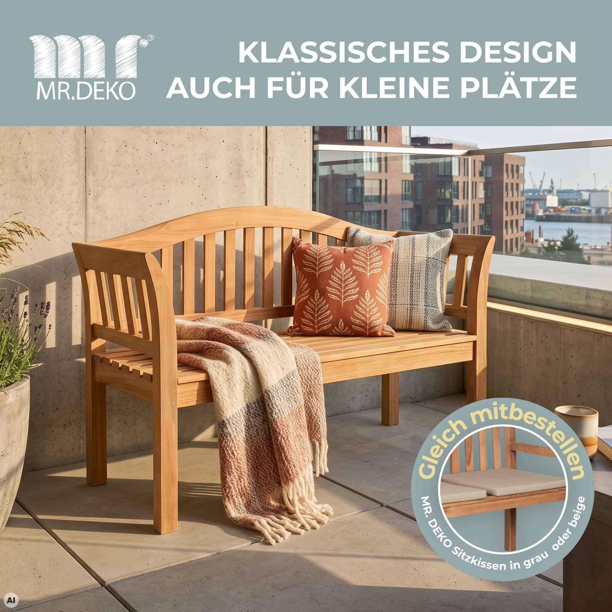 MR. DEKO Gartenbank Holz Wave Holzbank wetterfest Bank Outdoor 128x53x85cm | Sitzbank Teakholz Balkon
