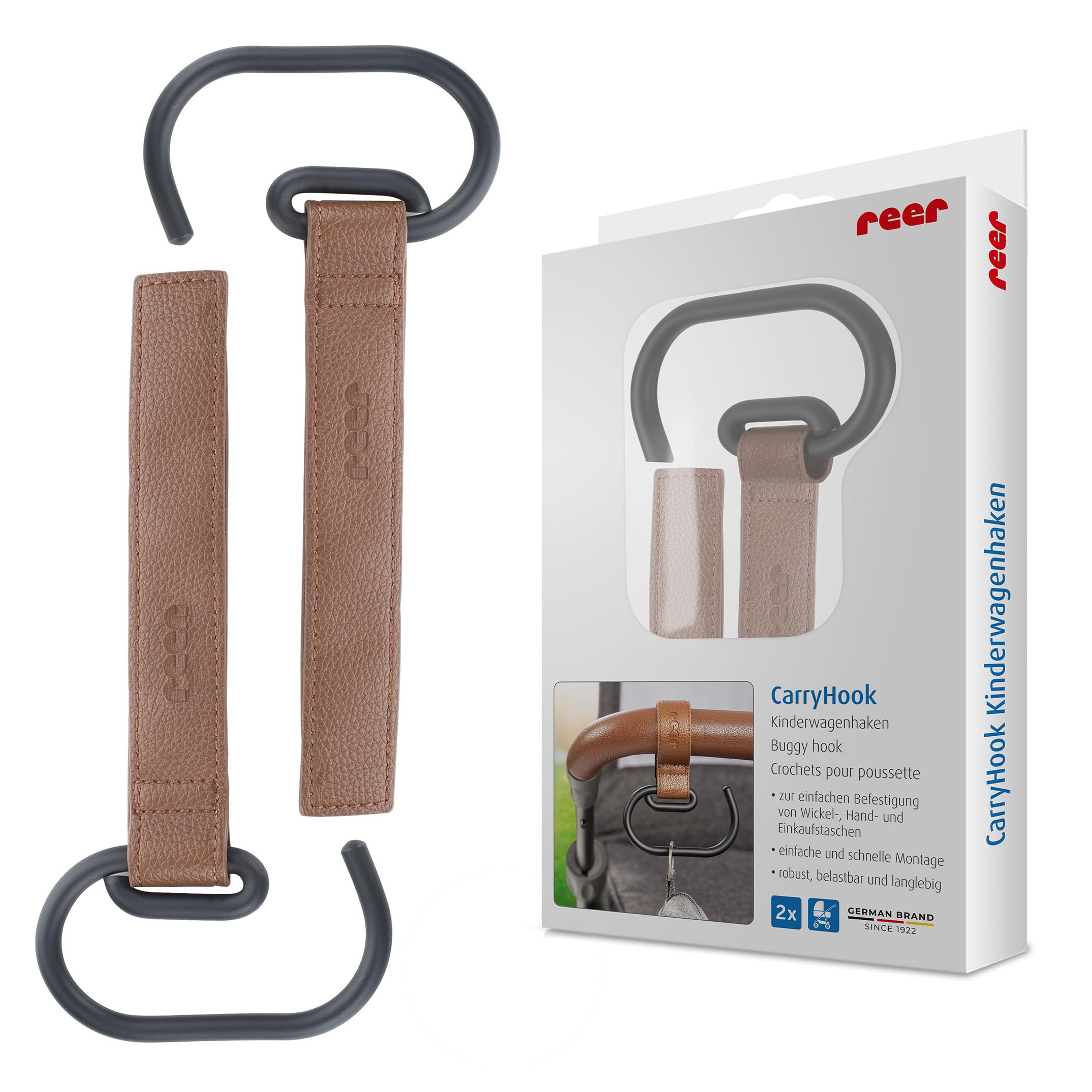 reer CarryHook haczyki do wózka dziecięcego, 2 sztuki, uniwersalne haczyki na torby na pieluchy i torby na zakupy, mocowanie na rzepy, akcesoria do wózków dziecięcych, brązowo-czarne