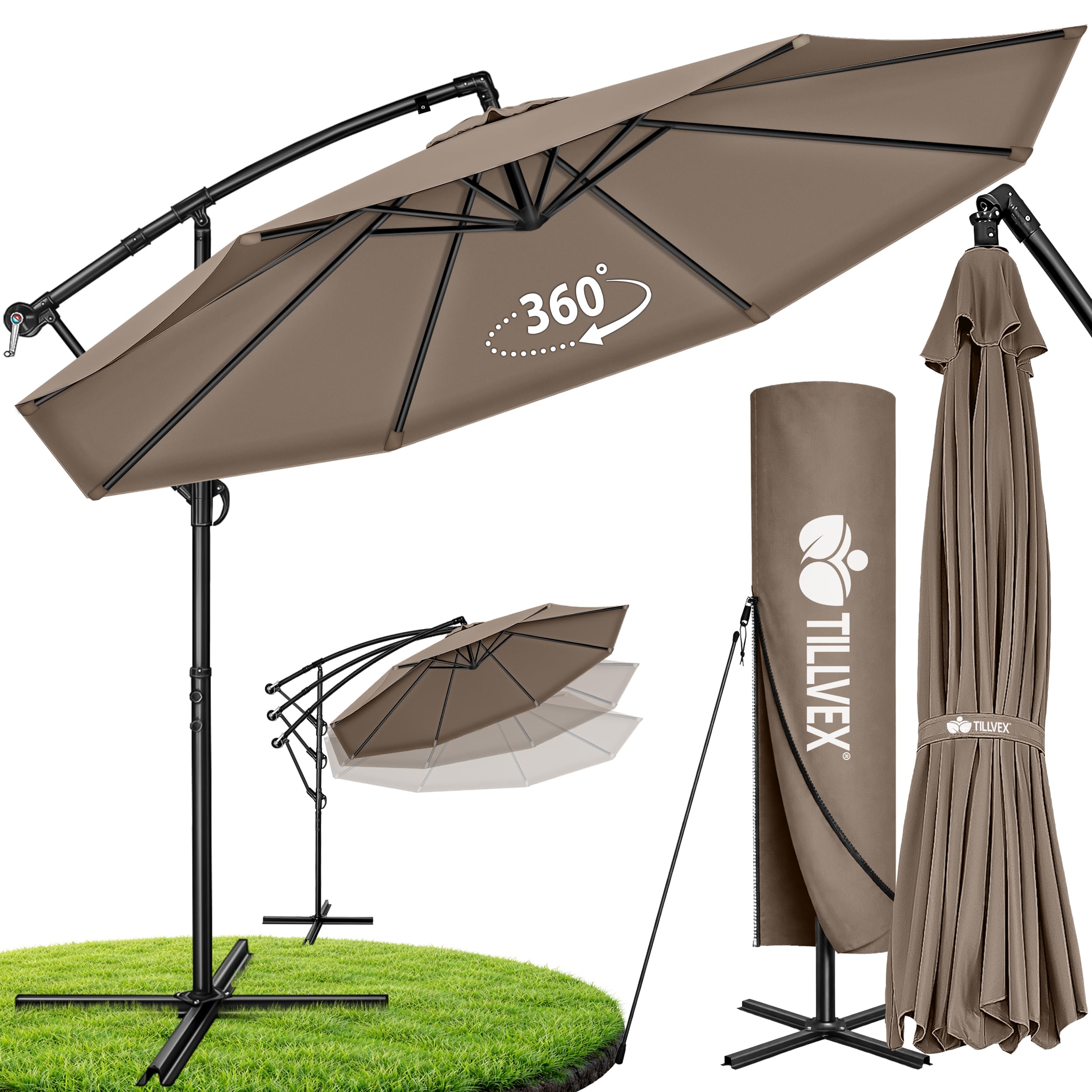 tillvex® Sonnenschirm Ø 300/350 cm mit Abdeckung, Kurbel & Windschutz | Ampelschirm Gartenschirm Aluminium UV50+ | Kurbelschirm mit Ständer | Marktschirm Terrasse Garten wasserdicht 360° drehbar