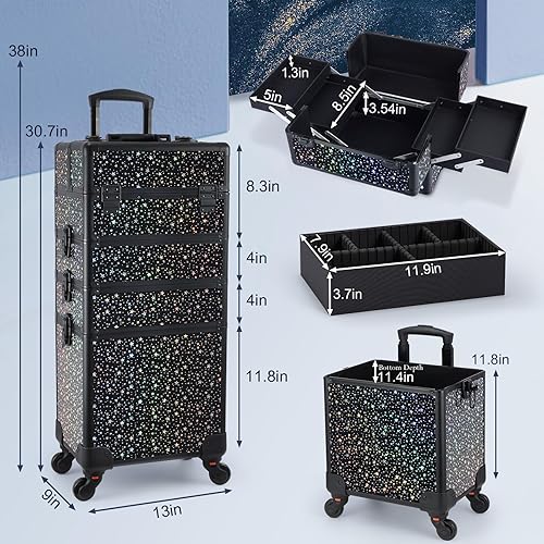 Vista 12 de Stagiant Estuche de tren de maquillaje rodante, estuche de cosmetología con ruedas, 4 en 1, estuche de cosméticos grande con ruedas, estuche