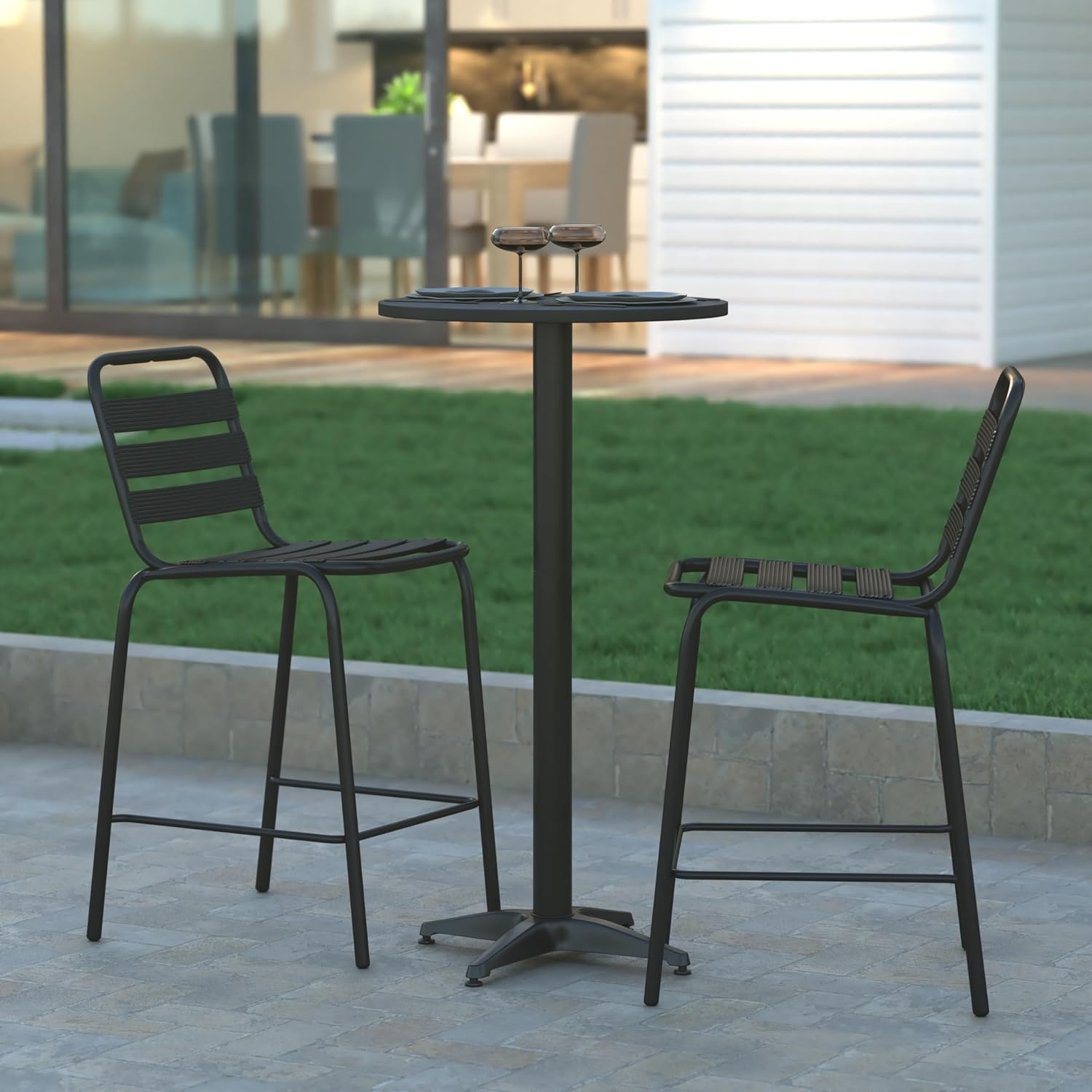 EMMA + OLIVER Meri Bar Height Patio Dining Table - Black Aluminum Frame - 23.5" Round Flip-Up Top - Suitable for Indoor/Outdoor Use