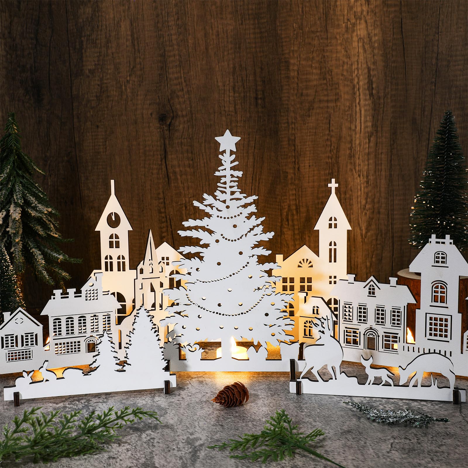 Amyhill 6 Pcs White Christmas Village Set Wooden White - collectible buildings and accessories | Mubboo