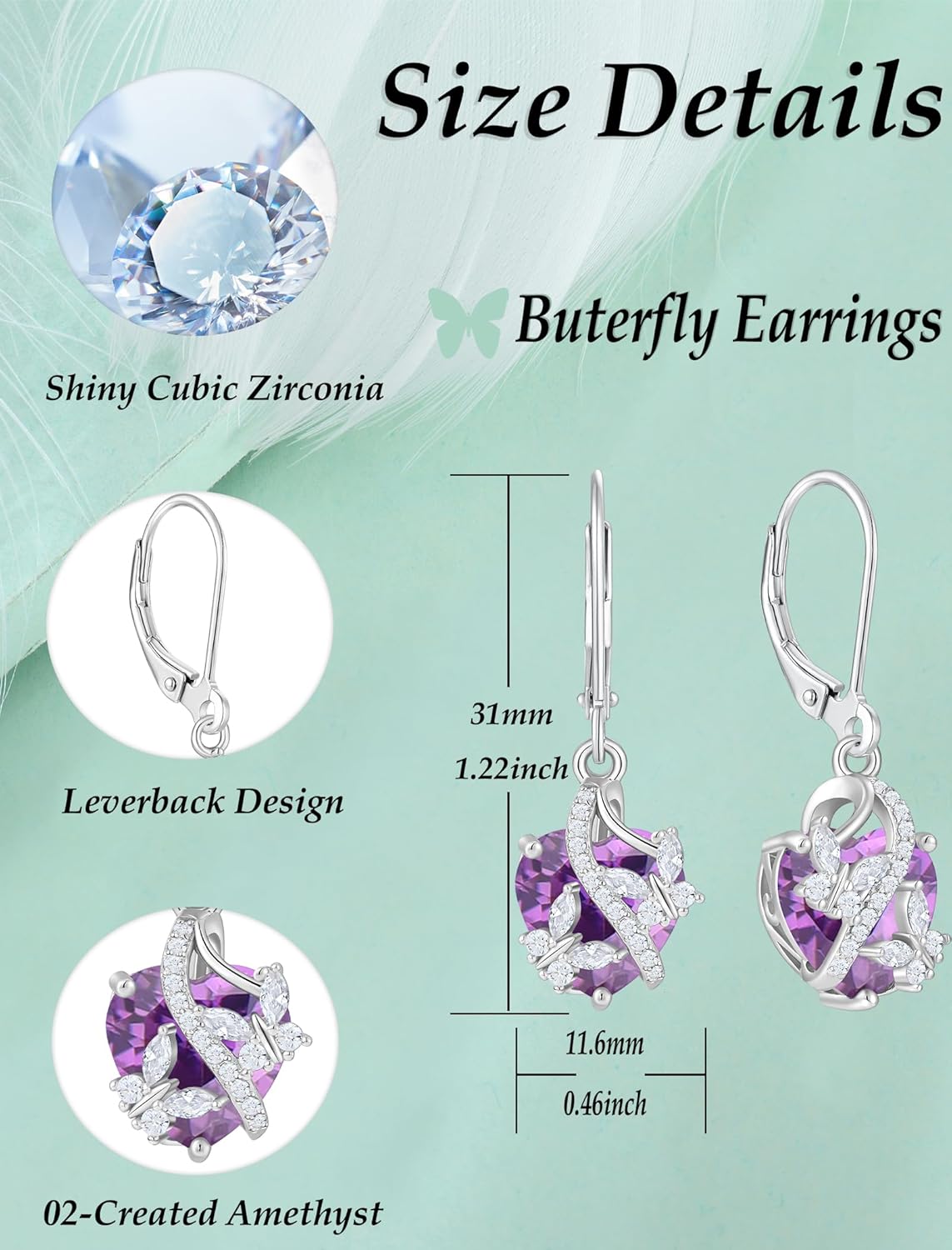 925 Sterling Silver Butterfly Earrings Necklace Created Amethyst Heart Jewelry Set
