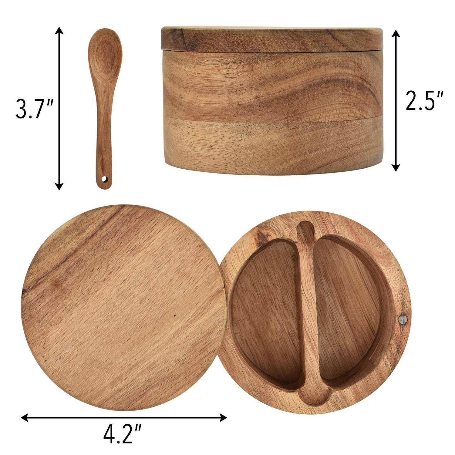 Salero de madera de acacia con cuchara interior y tapa con compartimentos dobles de 5 onzas