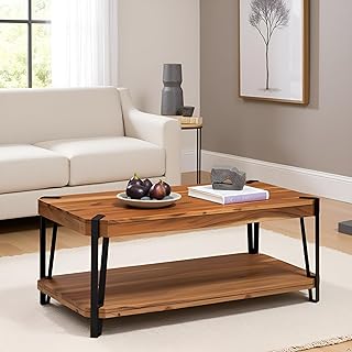 Ryegate 42-Inch Coffee Table – Solid Acacia Wood Live Edge Top with Lower Shelf and Metal Frame Base – Rustic Industrial Modern Living Room Center Table by Alaterre Furniture (Natural)