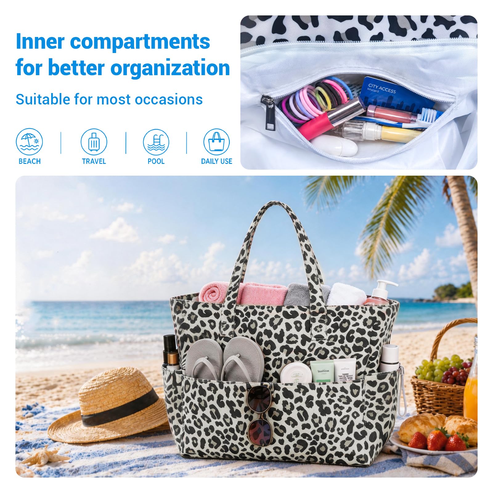 dellyy Borsa Mare Grande XXL, Borsa Spiaggia Donna Impermeabile e Antisabbia con Cerniera, Grande Capacità, Tasche Multiple, Tote Mare per Vacanze, Piscina e Tempo Libero