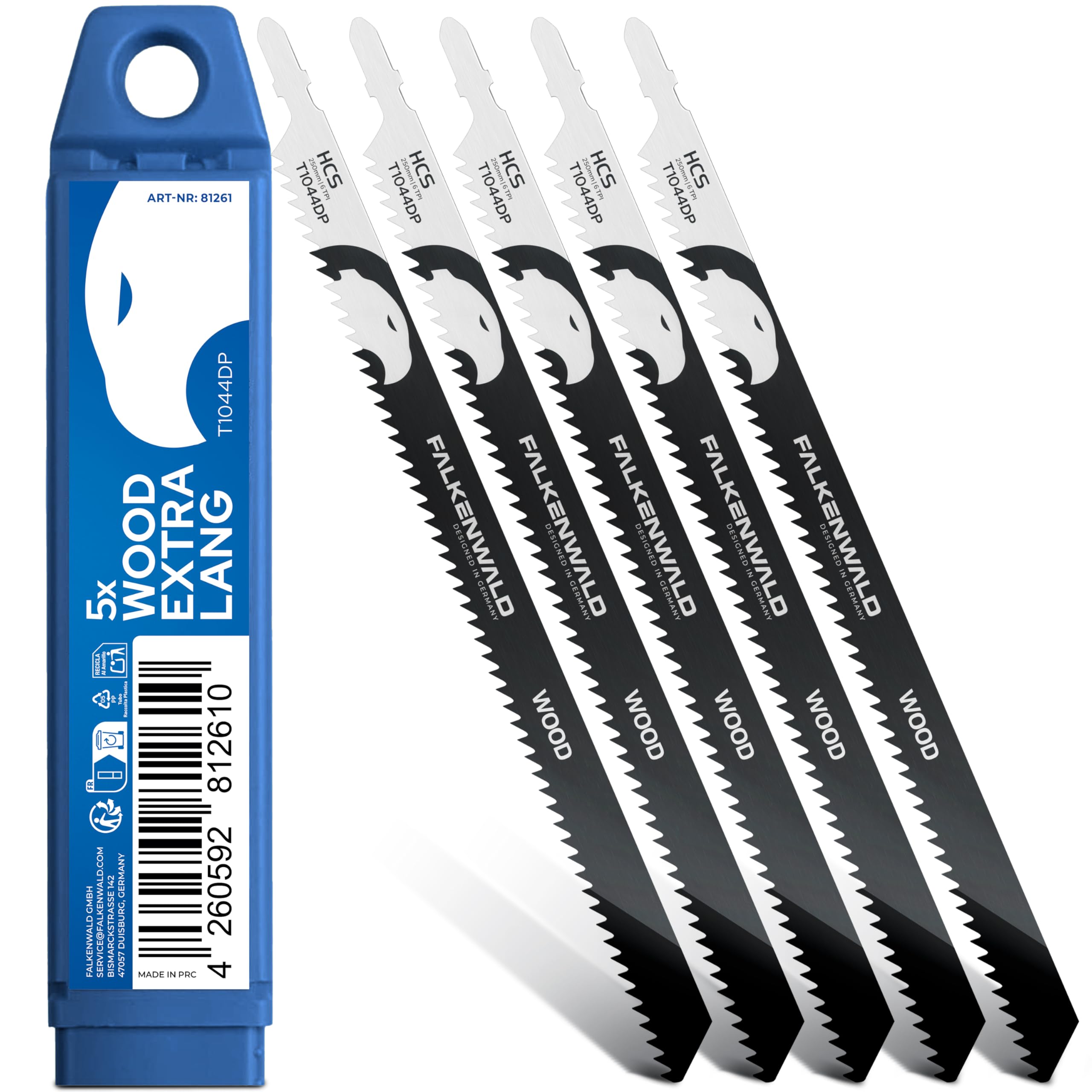 FALKENWALD® Stichsägeblätter Holz 5x T1044DP – Extra Lang 250 mm - Tiefe Schnitte bis 190 mm - T-Schaft, HCS, 6 TPI - Für Weichholz, Hartholz, MDF, OSB, Multiplex