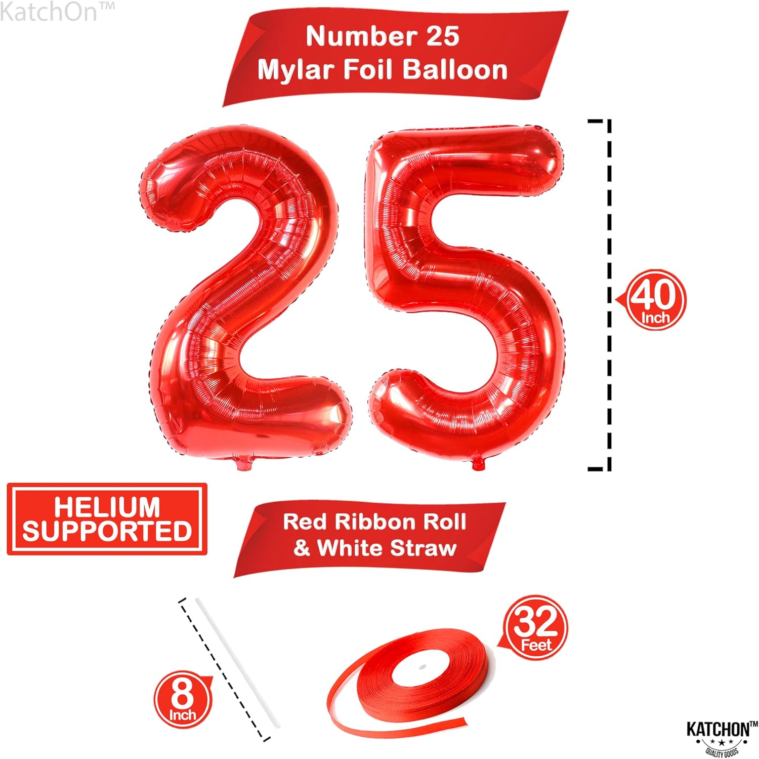 KatchOn 40 Inch Red 25 Balloon Numbers | 25th Birthday Decorations for Women and Men | 25 Years Balloons