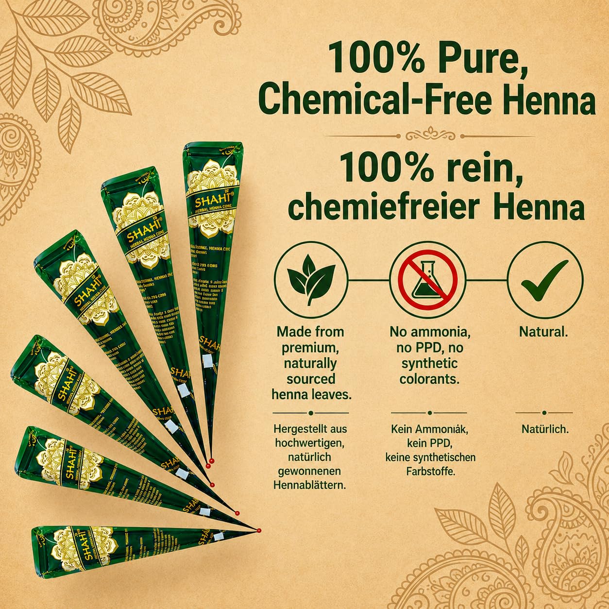 Shahi Premium Henna Cone (Mehndi) | Natürliche Mehndi-Paste | 3 gebrauchsfertige Henna-Kegel | Rötlich-braune Farbe | Je 28 g