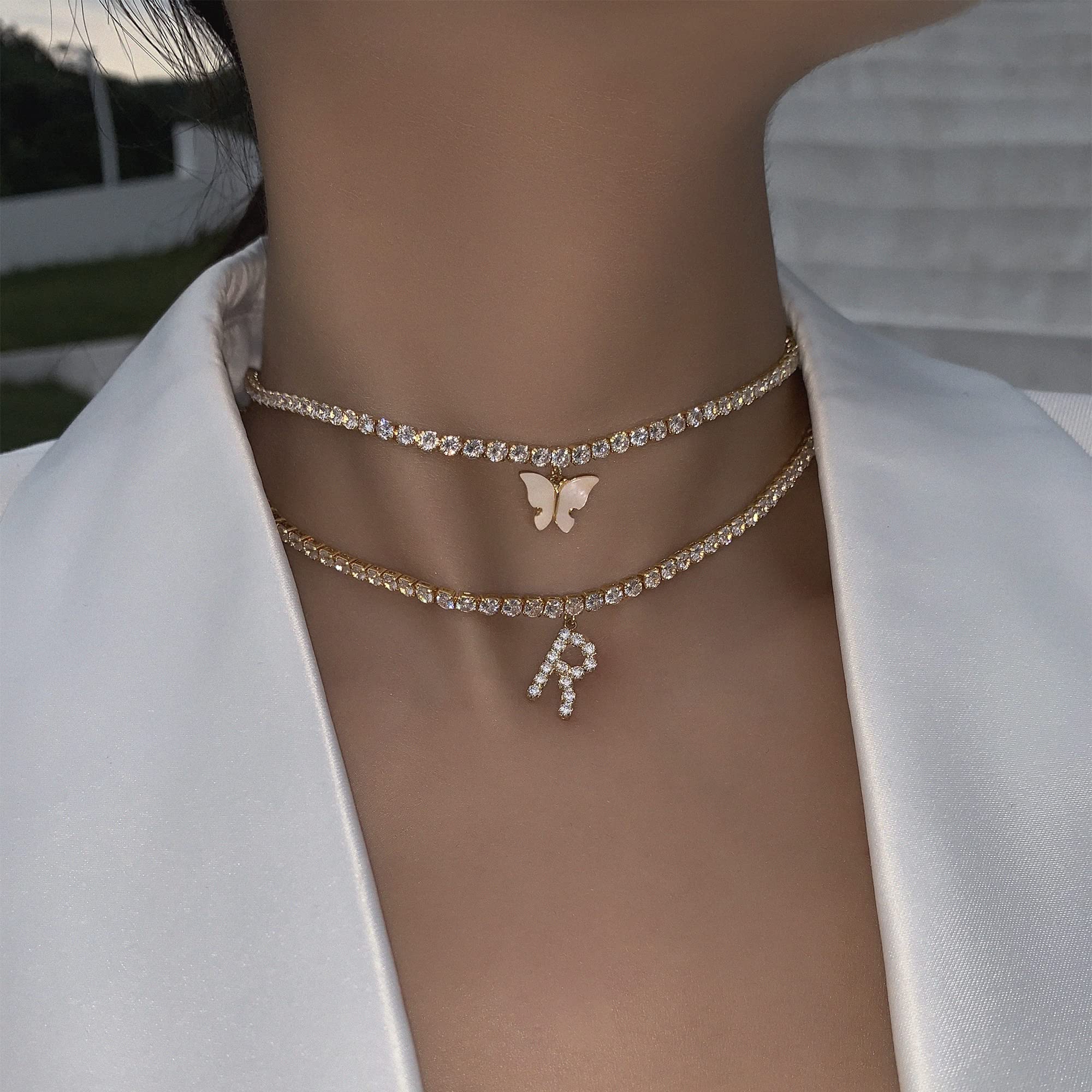 Letter Necklace 14k Gold Plated Tennis Chain Initial Choker Bling Iced CZ Diamond Necklace for Women