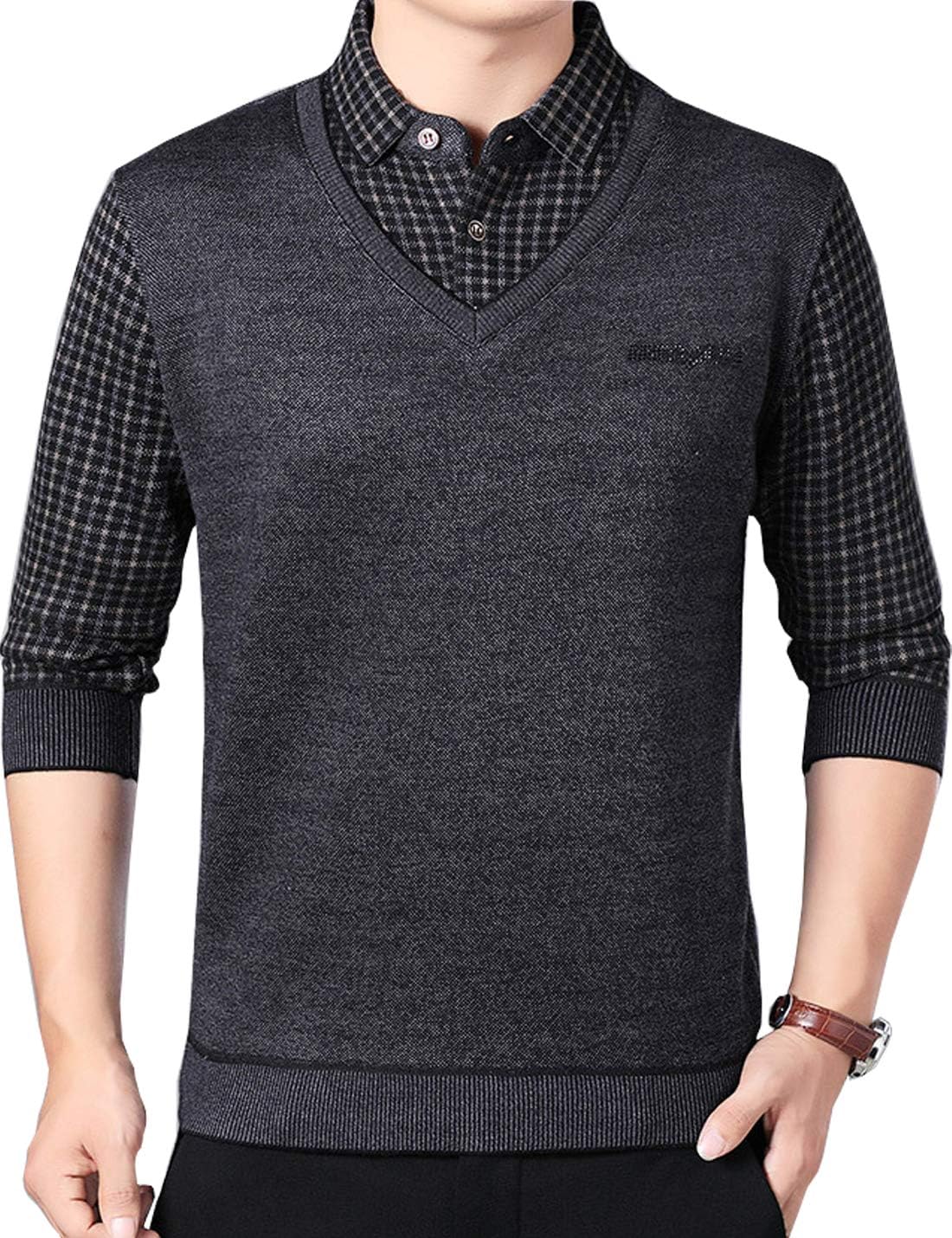 Flygo Men's Fall Polo Neck Pullover Sweater Plaid Fake 2 Pieces Outwear