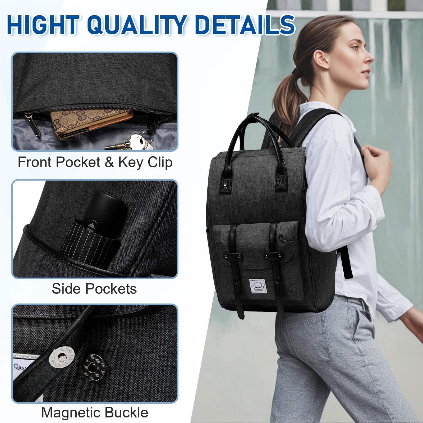 VASCHY Plecak damski, wodoodporny plecak na laptopa unisex 39.6 cm antykradzieżowy plecak z portem ładowania USB szeroko otwarty vintage plecak na uczelnię, do pracy, podróży, B ciemnoszary, Jeden