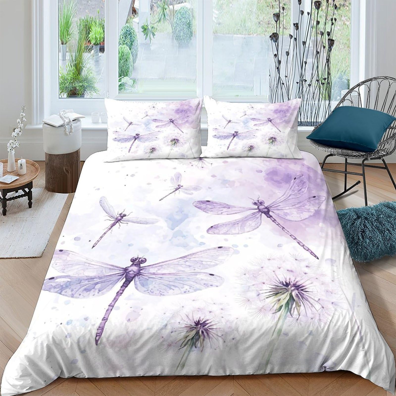 Ctjqhvkz Style-1 3D Printed Purple Dragonfly Fitted Sheet Microfiber Soft Bedroom Decor Floral Mattress Cover Anti-Slip Machine Washable Single（135X200cm）