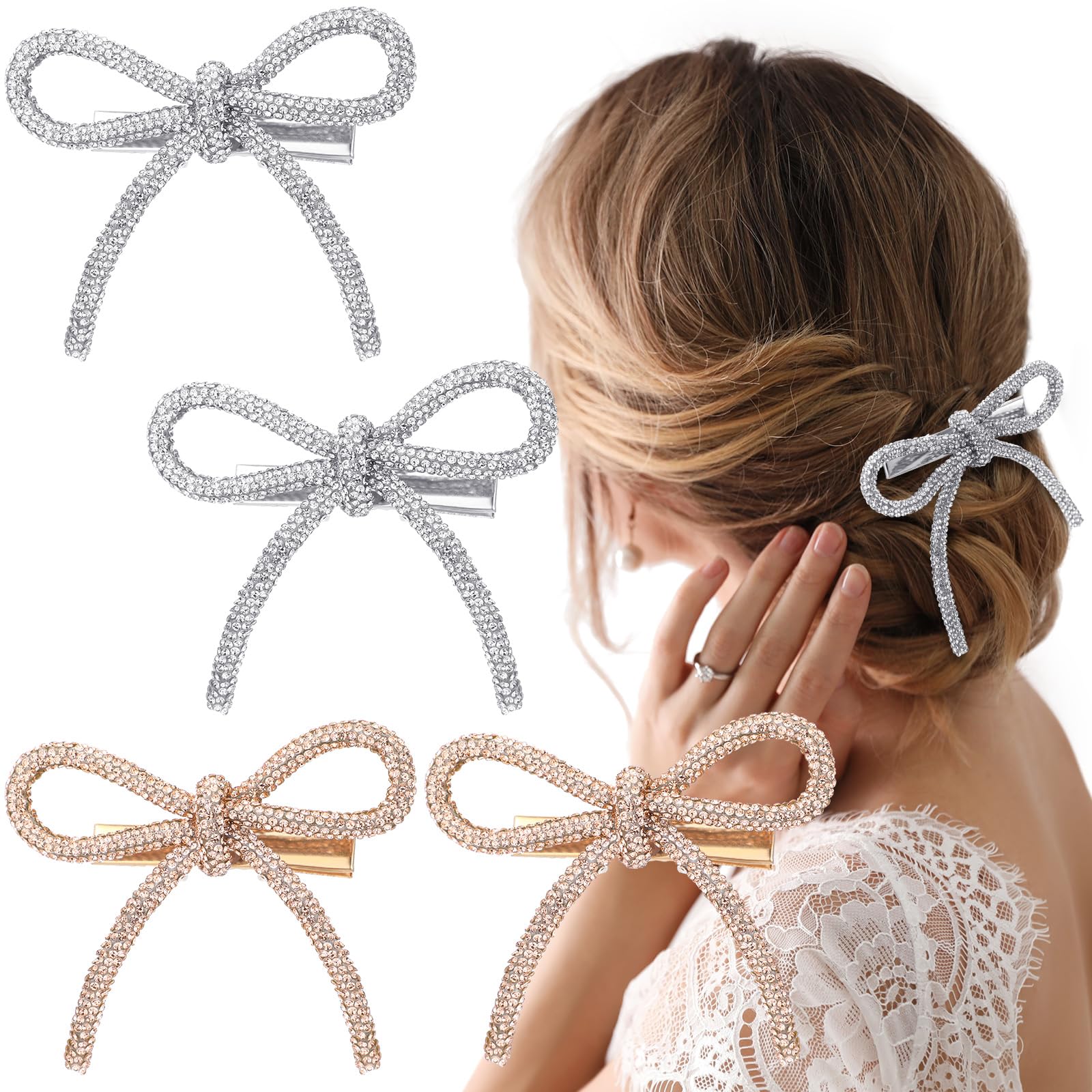 Daifunli 4 Pcs Bow Hair Clips Sparkly Crystal Rhinestone Bling Bowknot Clips Silver and Gold Barrette Hairpin Headwear Gifts for Women Girls Weddings