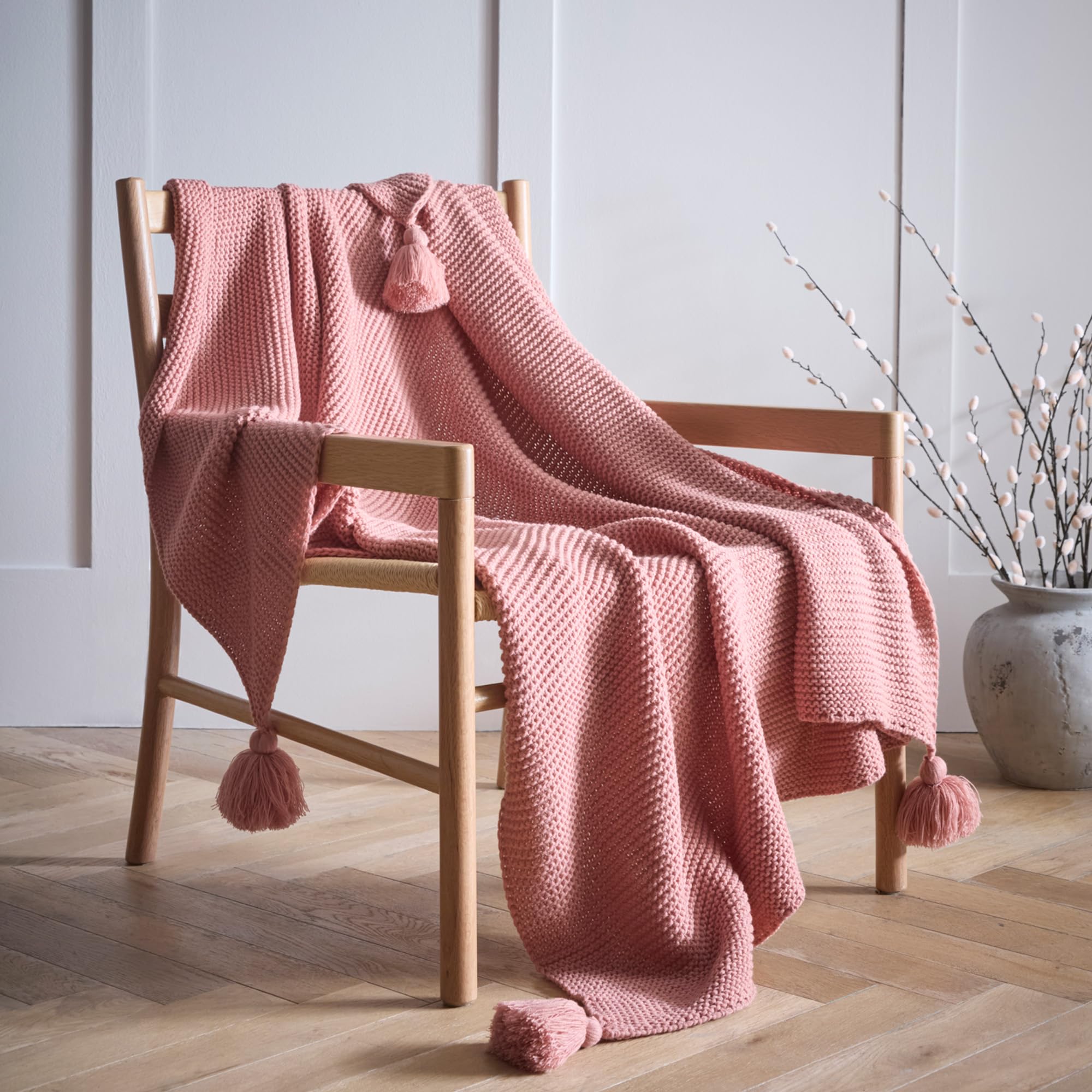 Portfolio Home Copenhagen Pink Knitted Tassels Throwover Bed Throw Blanket 127 x 152cm