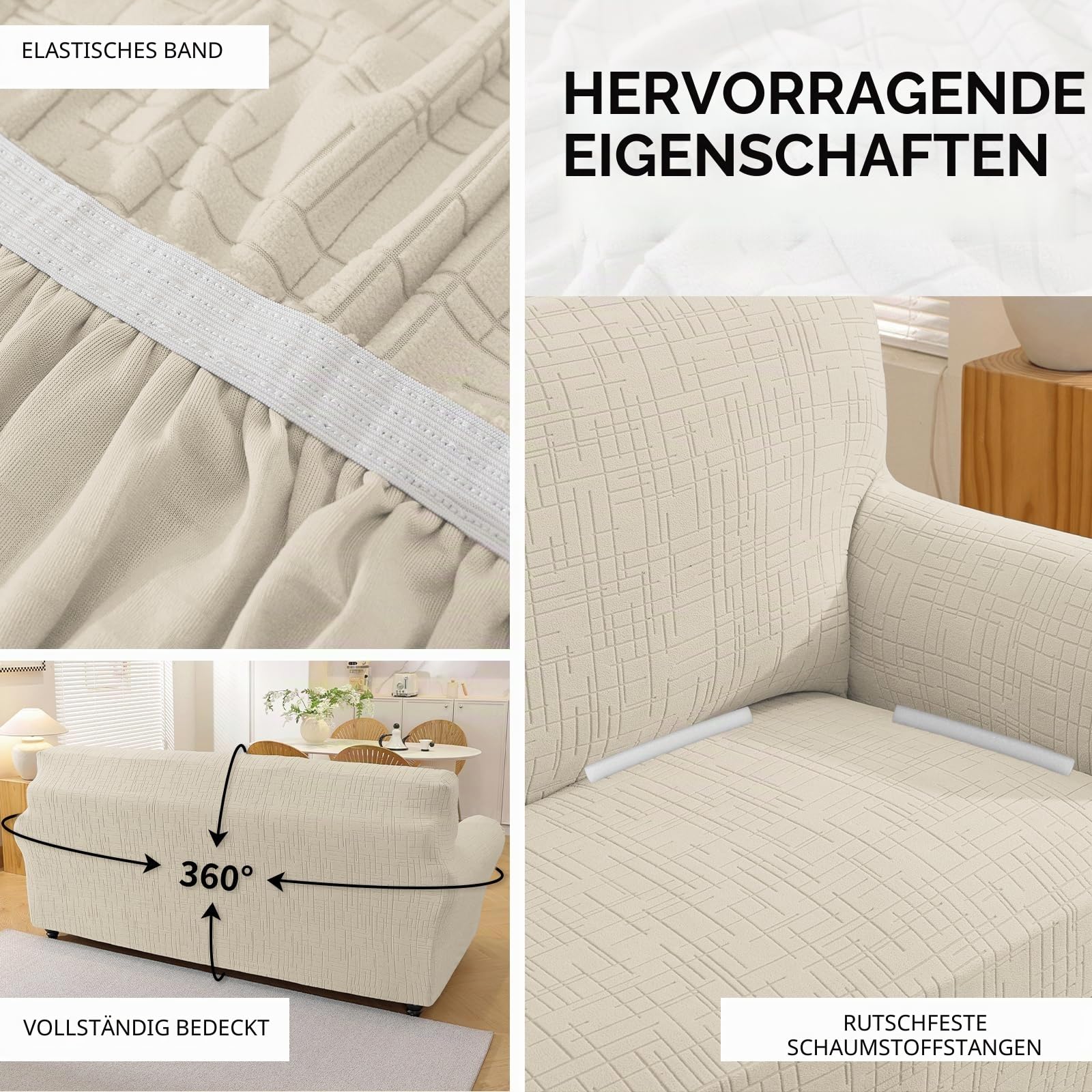 YSTELLAA Sofa Überzug 3 Sitzer Stretch, Kratzfester Sofabezug rutschfest Mit Armlehne, Universal Couch Überzug Dicke, Sofa Cover Waschbare, Für Wohnzimmer, Beige