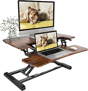 FLEXISPOT 28 inch Standing Desk Converter Height Adjustable Stand Up Desk Riser, Rustic Brown Home Office Desk Workstation for Dual Monitors and Laptop