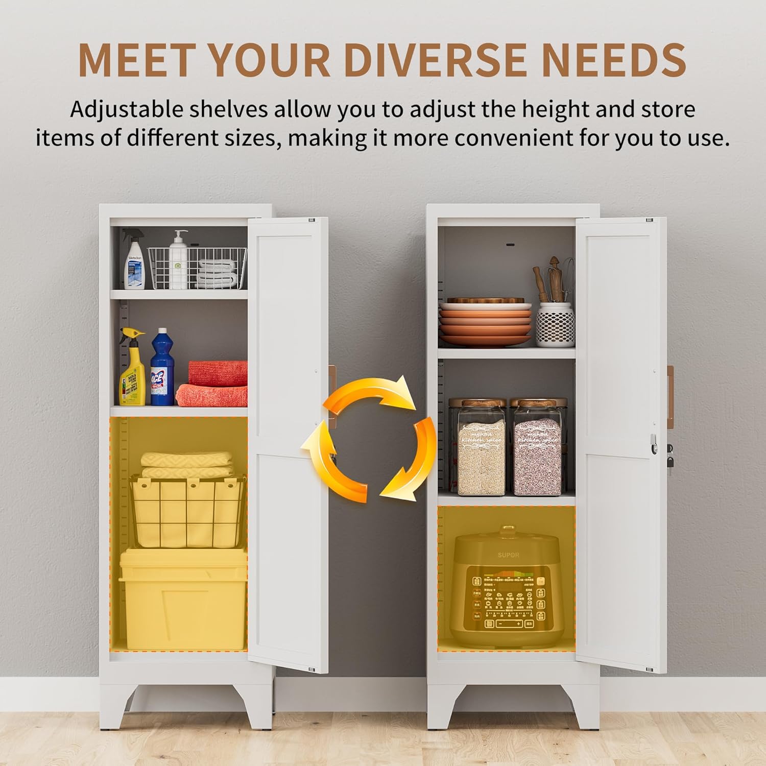 Metal Bathroom Cabinet with Doors & Adjustable Shelves,Kitchen Pantry Cabinets for Home,Cupboard for Office,Dining Room and Bathroom(White)