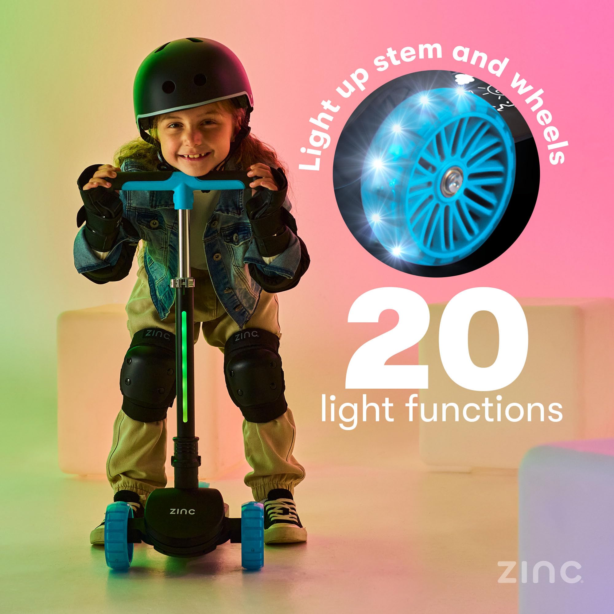 Zinc T-Motion Shine - Patinete para niños a partir de 3 años, plegable de tres ruedas para niños y niñas con cubierta y ruedas con luz LED, manubrio ajustable, controles de inclinación y dirección,