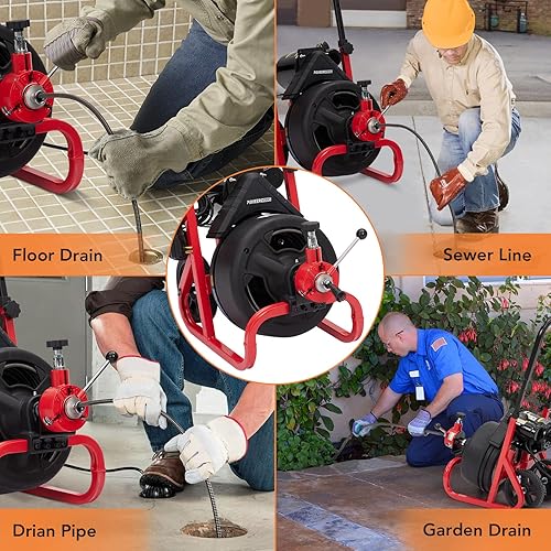 Miniatura 6 de Máquina limpiadora de drenaje de 100 pies x 12 pulgadas, barrena de drenaje eléctrica de alimentación automática con 6 cortadores, guante, limpiador