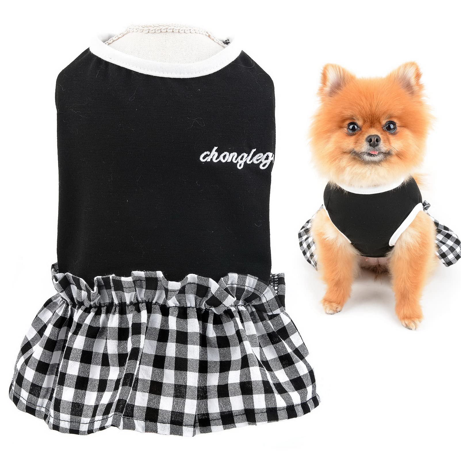 SMALLLEE_LUCKY_STORE Black and White Plaid Girls Dog Dress Cute Small Puppy Apparel Adorable Pet Costume Holiday Festival Outfits,Black,L