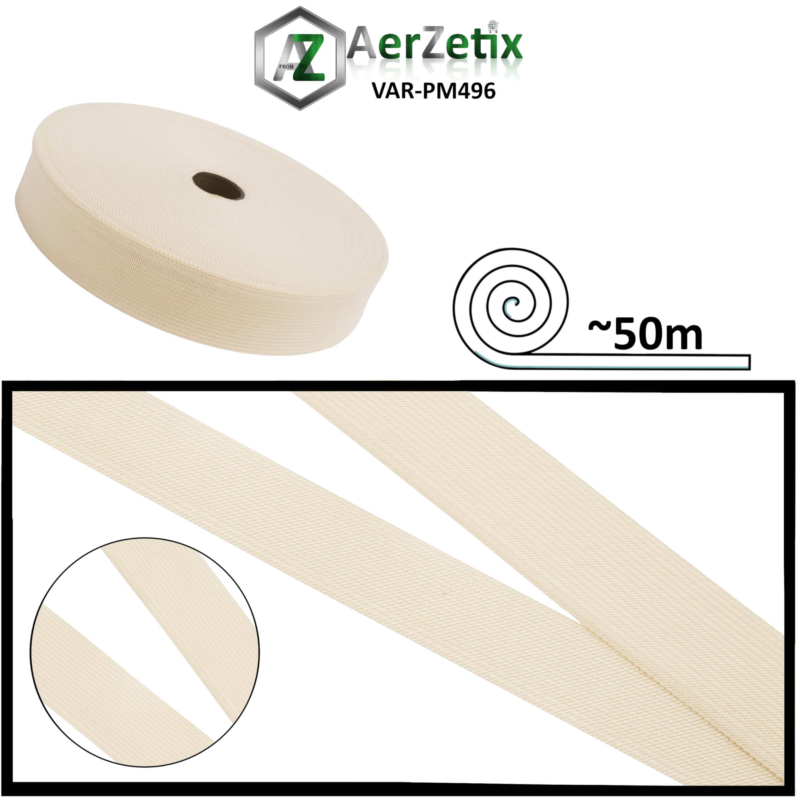 Aerzetix - C77566 - Rotolo di Nastro gallone in Poliestere 50 Metri x 30mm - Colore Ecru - passamaneria Abbigliamento Cuscini trapunte