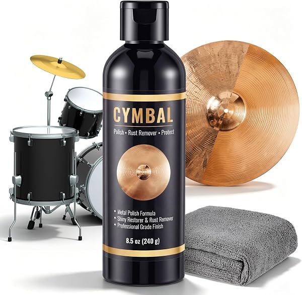 Limpiador de platillos, 8 oz (240g) con paño de microfibra premium | Limpiador de platillos, elimina marcas de baquetas, limpieza profunda y brillo espejo para platillos con acabado brillante, mejora el sonido