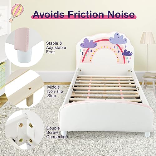 Miniatura 6 de HONEY JOY Marco de cama individual para niños, plataforma de cama individual de madera con cabecera y base de listones, no necesita somier, muebles