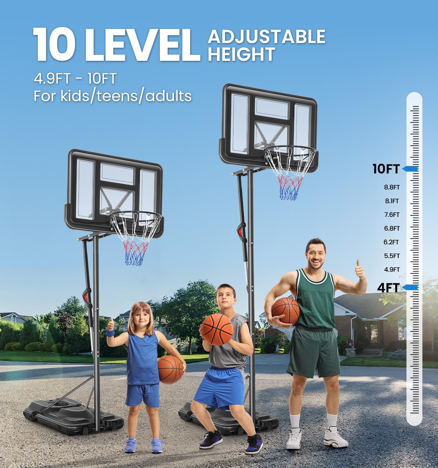 Basketball Hoop Outdoor 10ft Adjustable Portable Basketball Hoops & Goals System for Teens Youth and Adults in Backyard/Driveway/Indoor, 48 Inch Shatterproof Backboard, Fillable Base