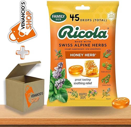 Ricola Honey Herb Bag  Gotas supresoras de tos para la garganta, 45 unidades + incluye calcomanía Venancio'sfridge (hierba de miel, paquete de 1)
