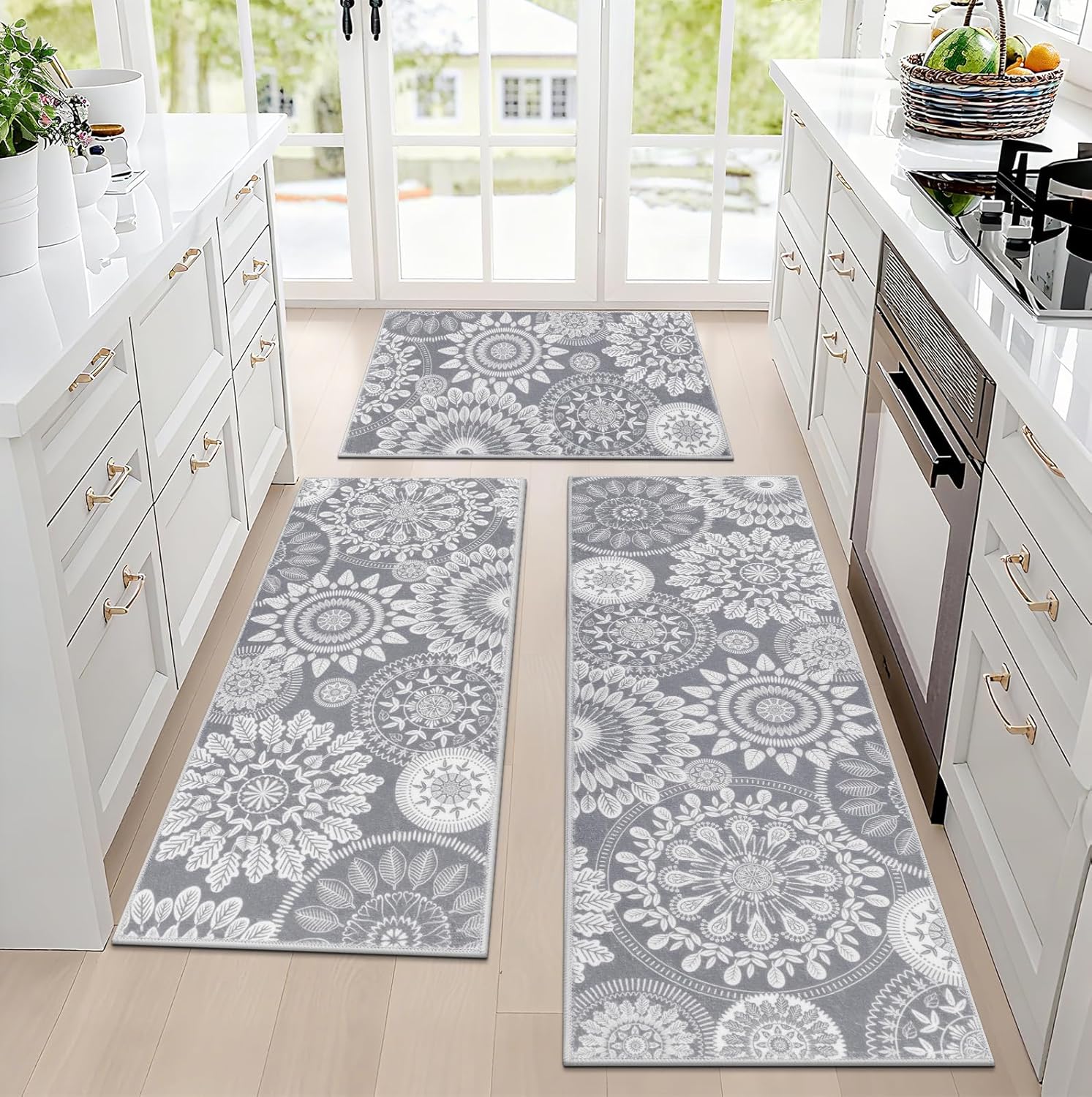Bsmathom Boho Kitchen Rug Mat Sets 3 Piece, Farmhouse Non Slip Kitchen Rug Runner, Washable Non Skid Kitchen Rugs, Bohemian Kitchen Floor Mat for Hallway Entryway Laundry Room