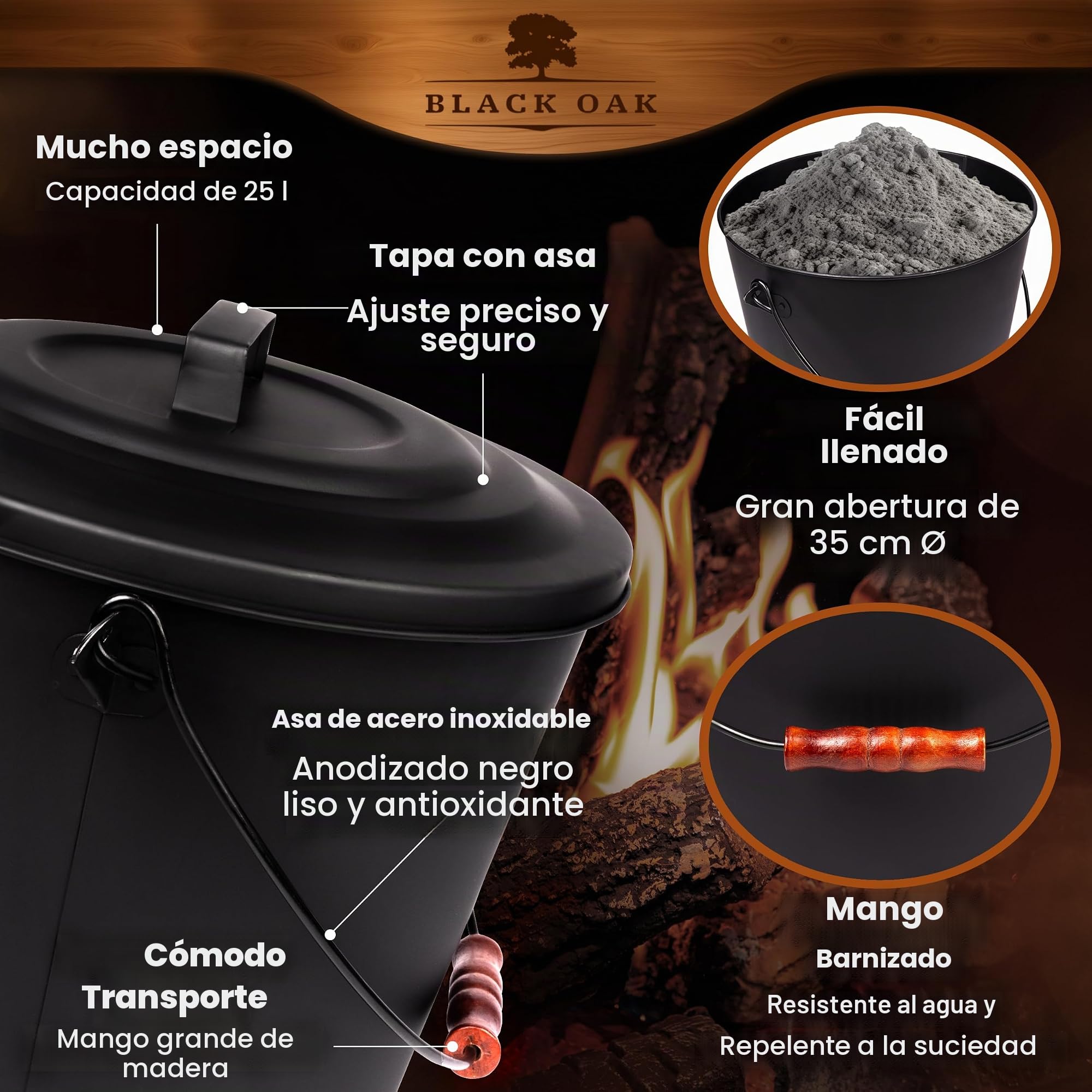 BLACK OAK Cubo de cenizas Santorini, 25 l, negro con tapa, XXL, extra grande, 25 litros, acero galvanizado a prueba de fuego, con recubrimiento de polvo, ceniza y carbón, accesorio ideal para chimenea