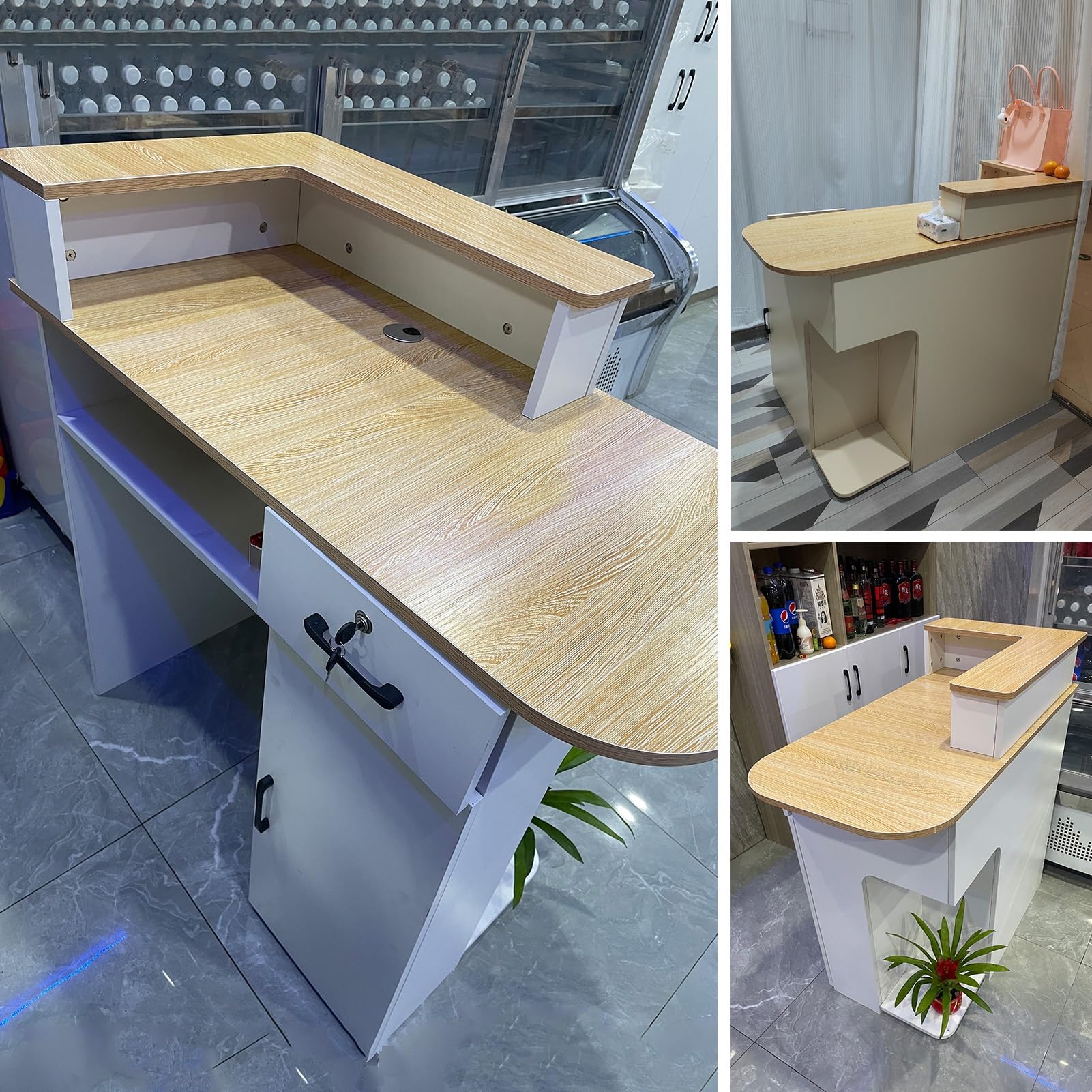 YVYKFZD Empfangstheke Rezeption mit Theke, Büro Rezeptionstheken, platzsparende Empfangstresen mit abschließbaren Schubladen, hölzerner Verkaufstheke(White 1 L,47.2"x19.6"x41.3")