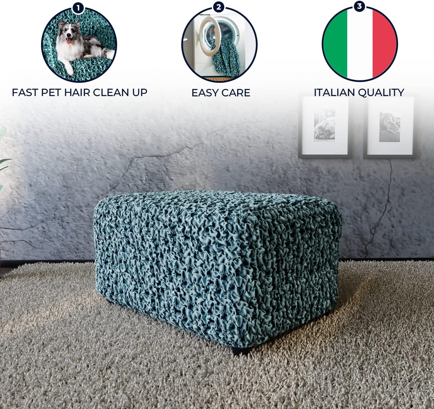 PAULATO BY GA.I.CO. Ottoman Slipcover - Stretch Stool Sofa - Shiny Velvet Pouf Protector for Pets and Kids - Soft Ottoman Cover - Durable and Easy to Clean Furniture Slipcovers - Fuco Velvet - Teal