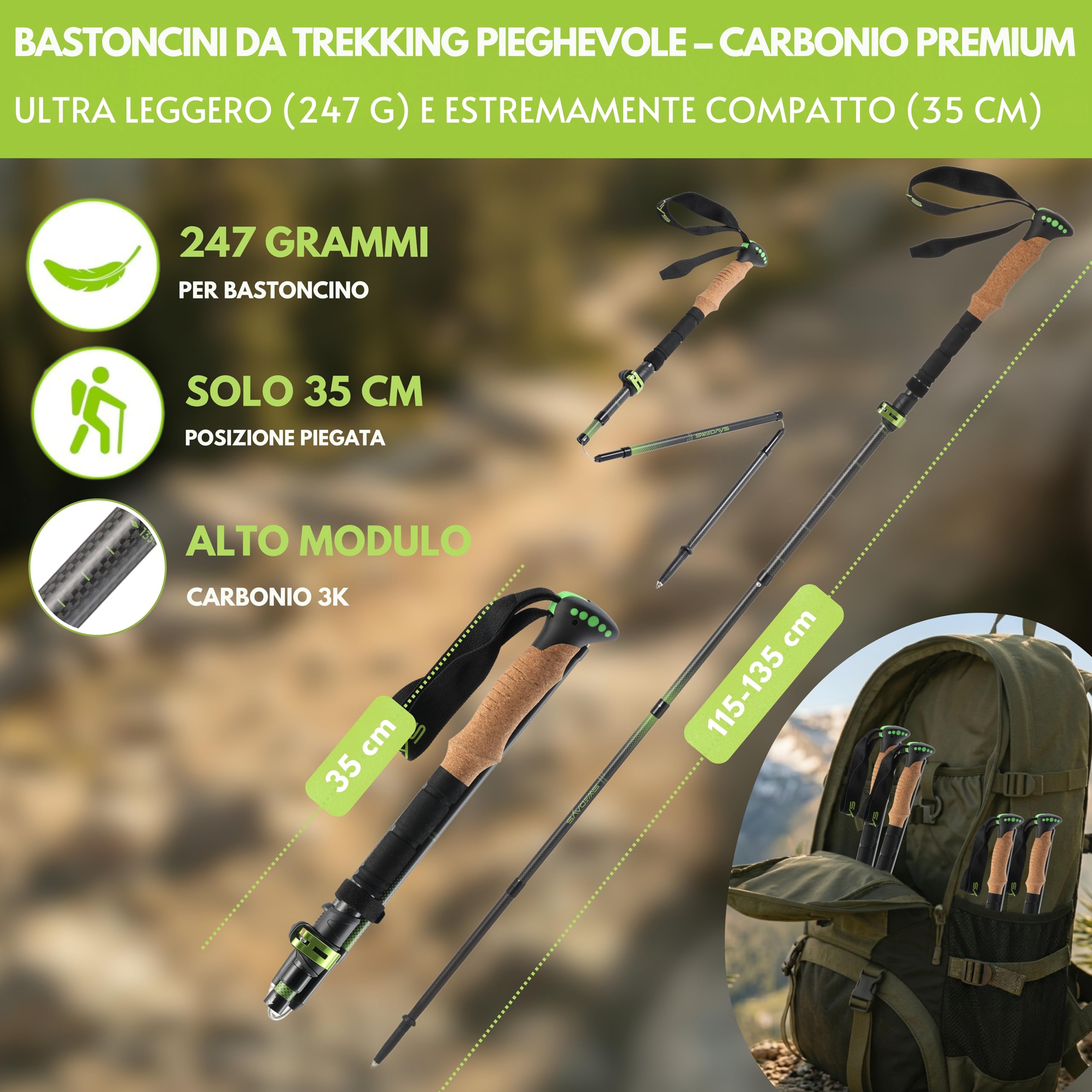 Bastoni da trekking pieghevoli in carbonio, per uomo e donna, leggeri e regolabili, 115-135 cm, con manico in sughero e cuscinetto in gomma