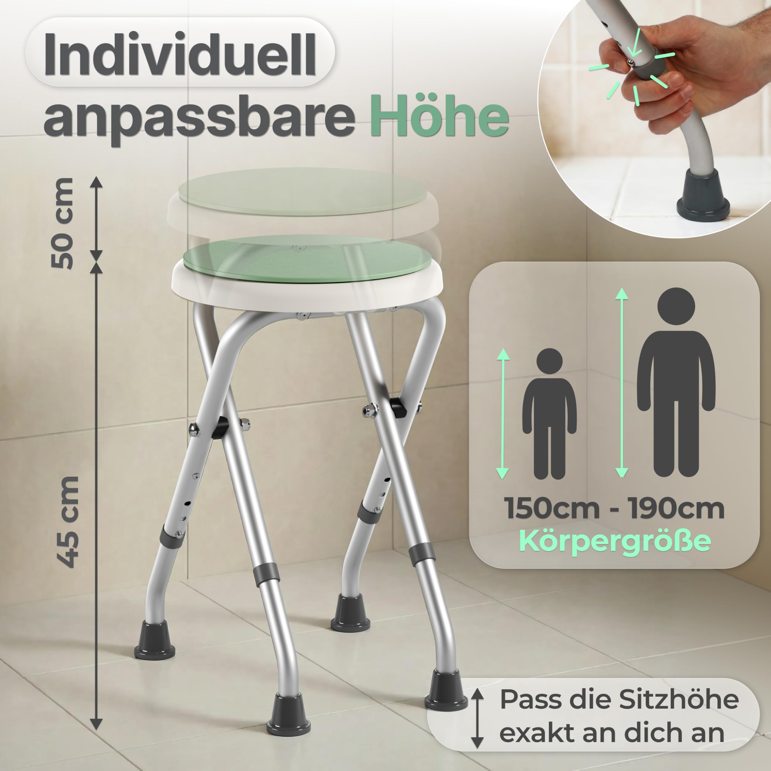 Duschhocker Klappbar, 360° Drehbar & 160kg Belastbar | Duschstuhl für Senioren | Höhenverstellbare, rutschfeste Duschhilfe mit Sitzkissen | Badhocker & Badewannensitz