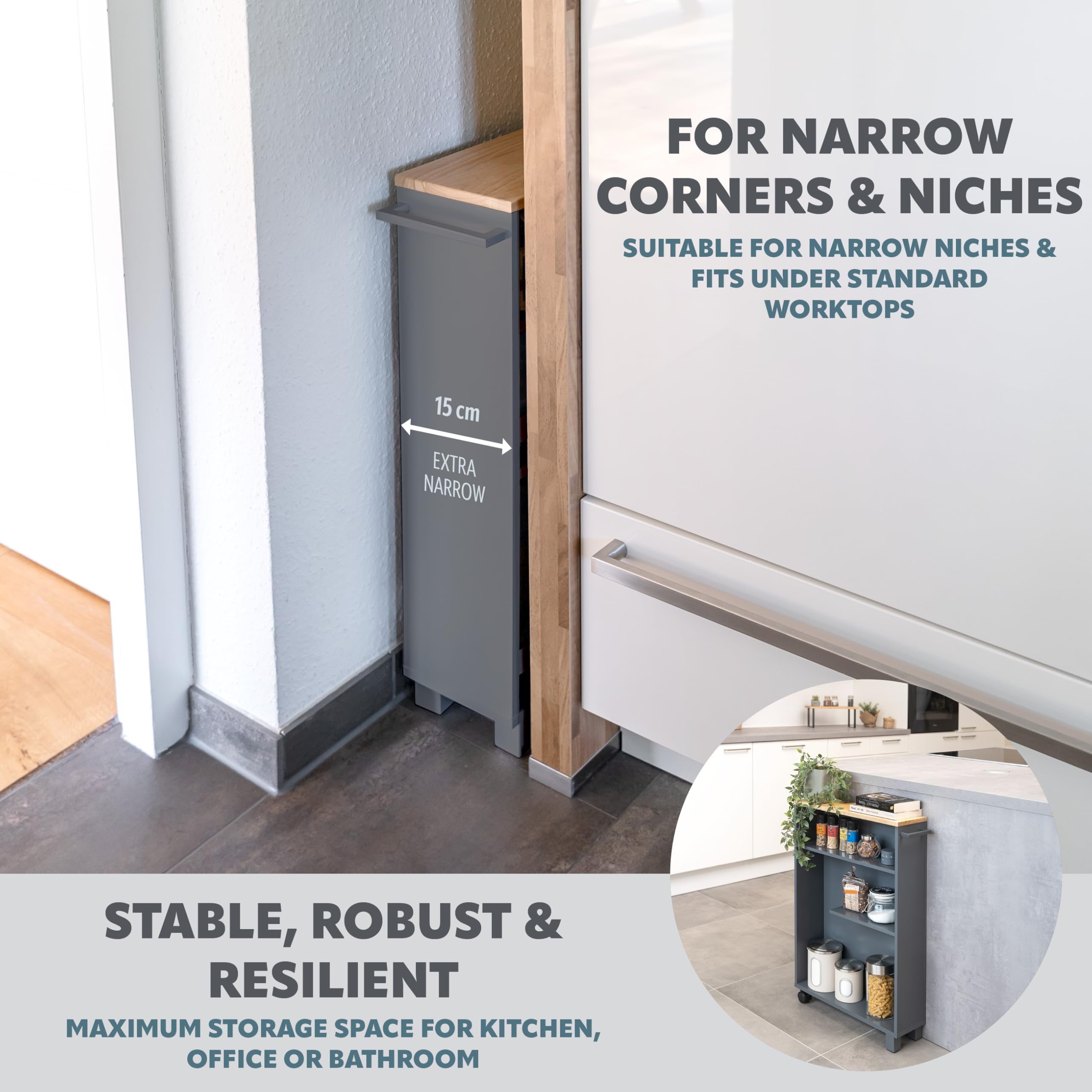 eluno Carrello da bagno per nicchia da cucina, carrello da cucina, organizer da bagno a 3 livelli, in legno (Grigio-legno)