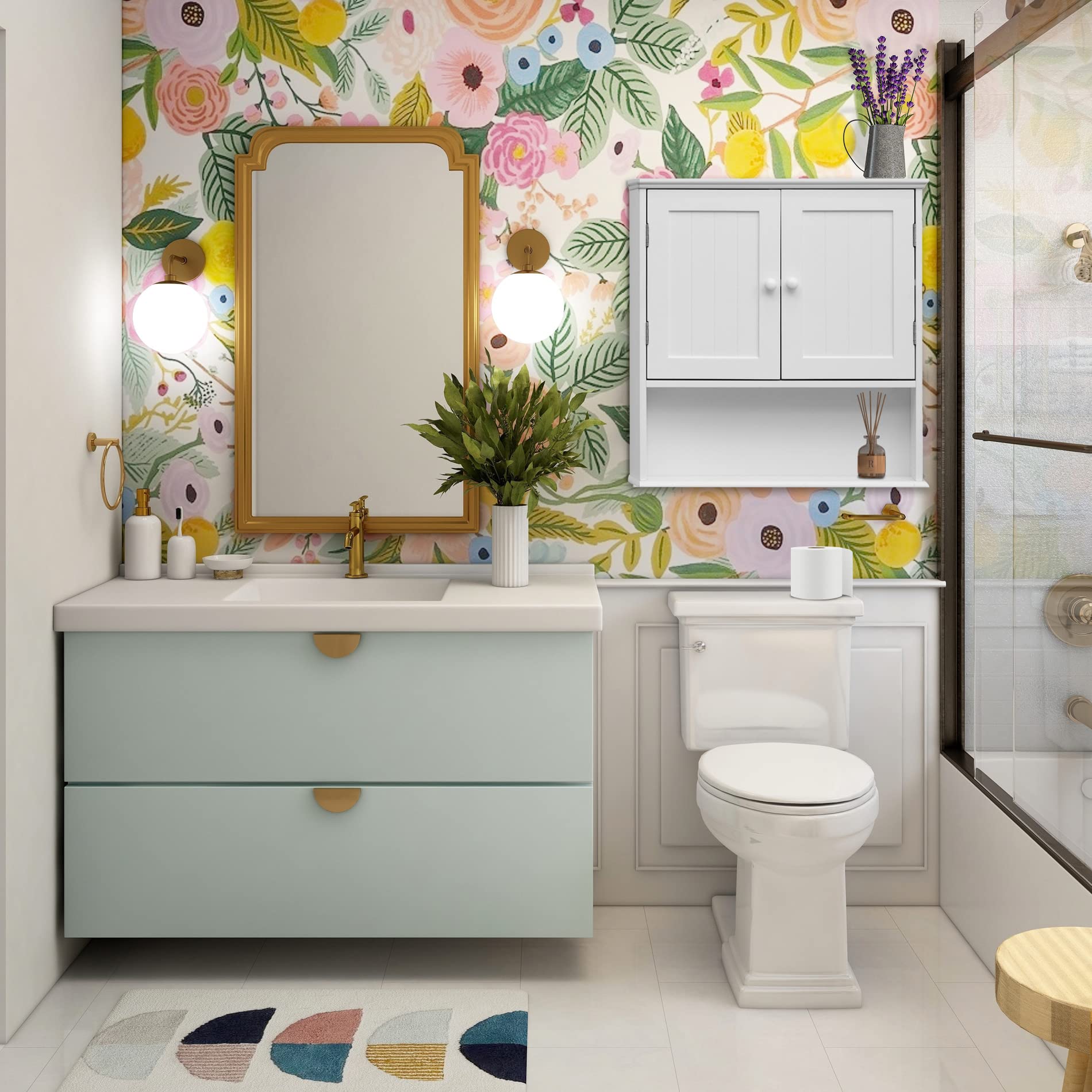 Rebecca Mobili Armario De Pared para Baño, MDF, Blanco, 2 Puertas, 1 Estante, Colgante, Dispensador De Maquillaje - Dimensiones: 58 × 56 × 12 cm (A x AN x FON) - Art. RE6679