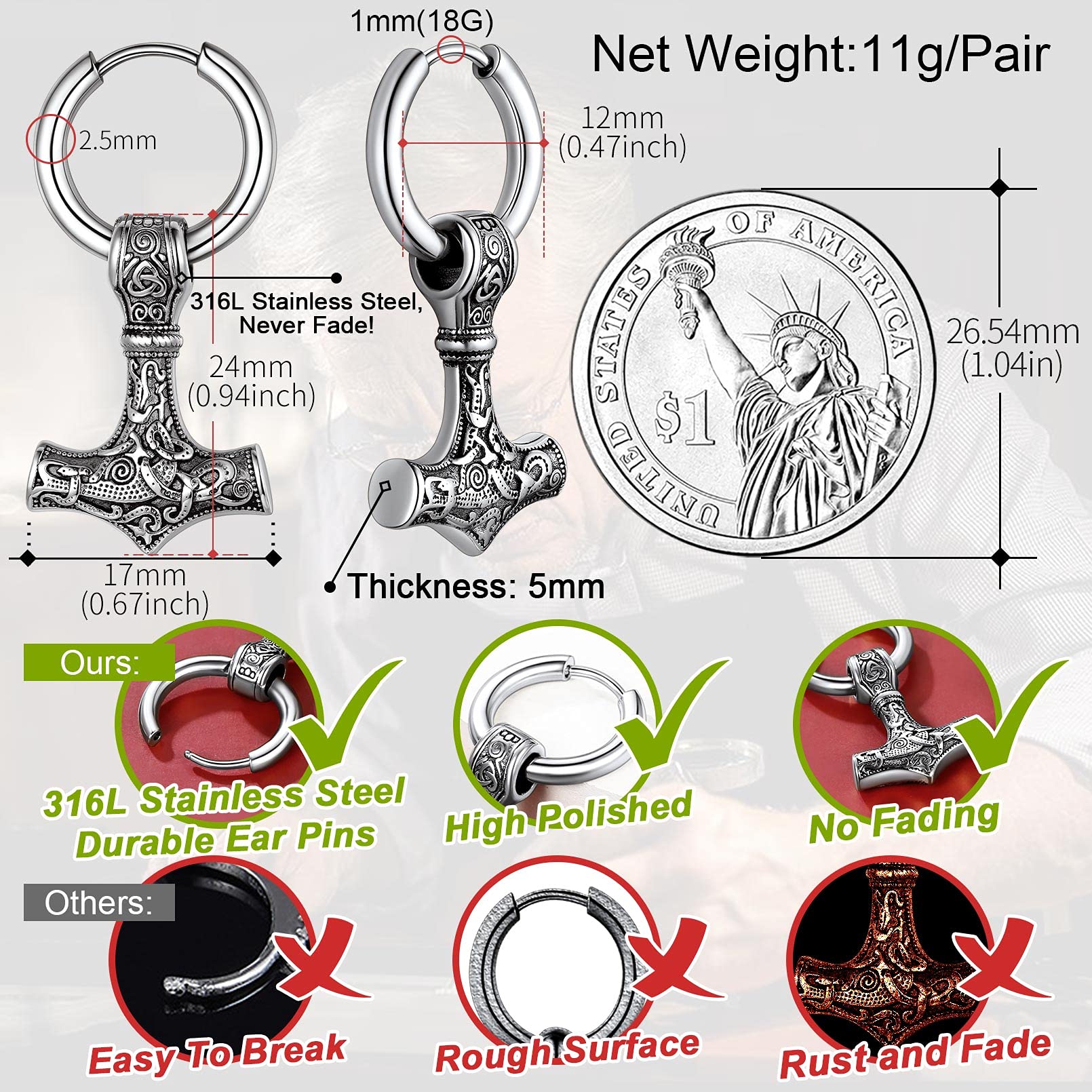 FaithHeart Boucle d'oreille Homme Femme,Creole Pendante Viking Marteau Mjöllnir Bijoux Boucles d’oreilles Gothique Hip Hop Punk Biker Femme Hommes Garçon (Boîte Cadeau)