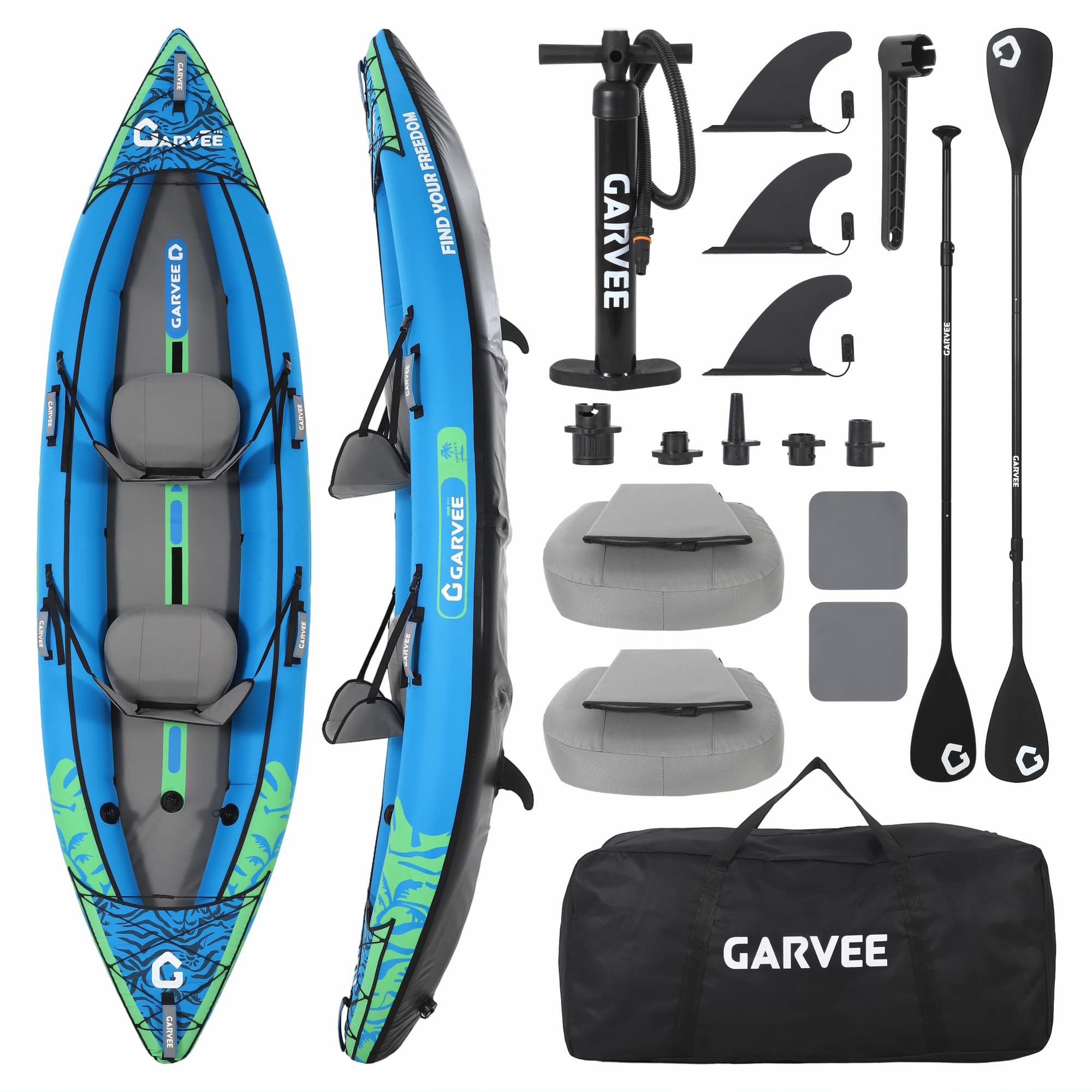 2 Person Inflatable Kayak，Fishing Kayak for Adults, Portable Touring Kayaks with Padded Seat, 3 Fins, Hand Pump, Carry Bag, Repair Kit，12.5FT/450 LBS Weight Capacity