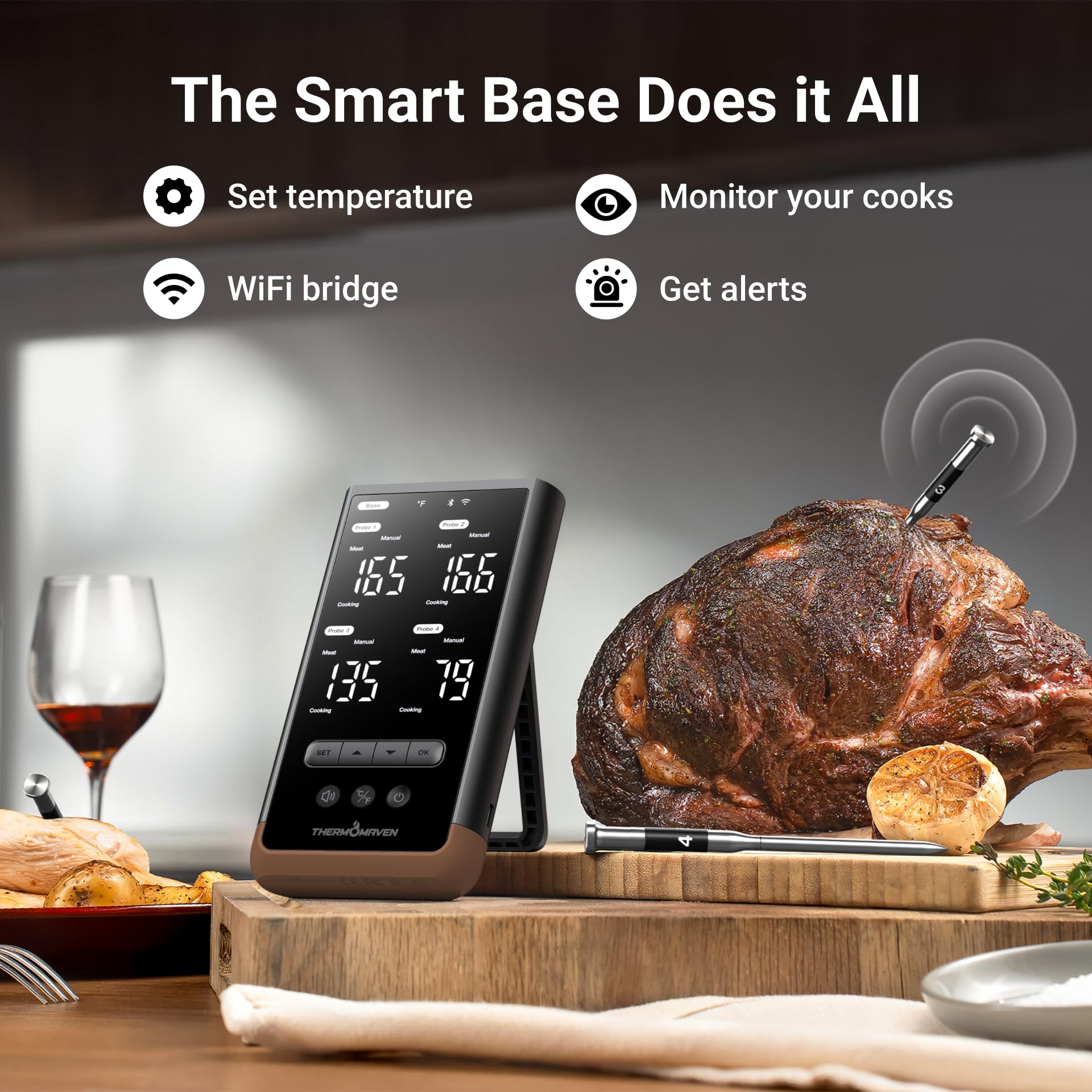 ThermoMaven Smartes Fleischthermometer Kabellose mit Basisstation, Bluetooth & WLAN, 4 Fühler, 6 Sensoren, NIST-zertifiziert, große, stabile WLAN-Reichweite, für Smoker, Backofen & BBQ, Braun