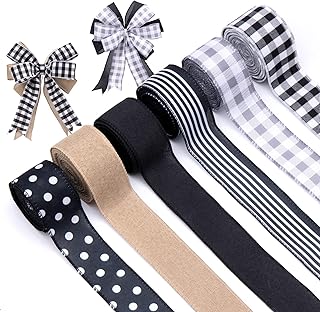 6 Rolls 30 Yards Buffalo Plaid Stripe Ribbon Wired Edge Ribbon, 2 inch Wired Ribbon for Gift Wrapping, Ribbon for Bow Maker Crafts DIY Wrapping Decoration