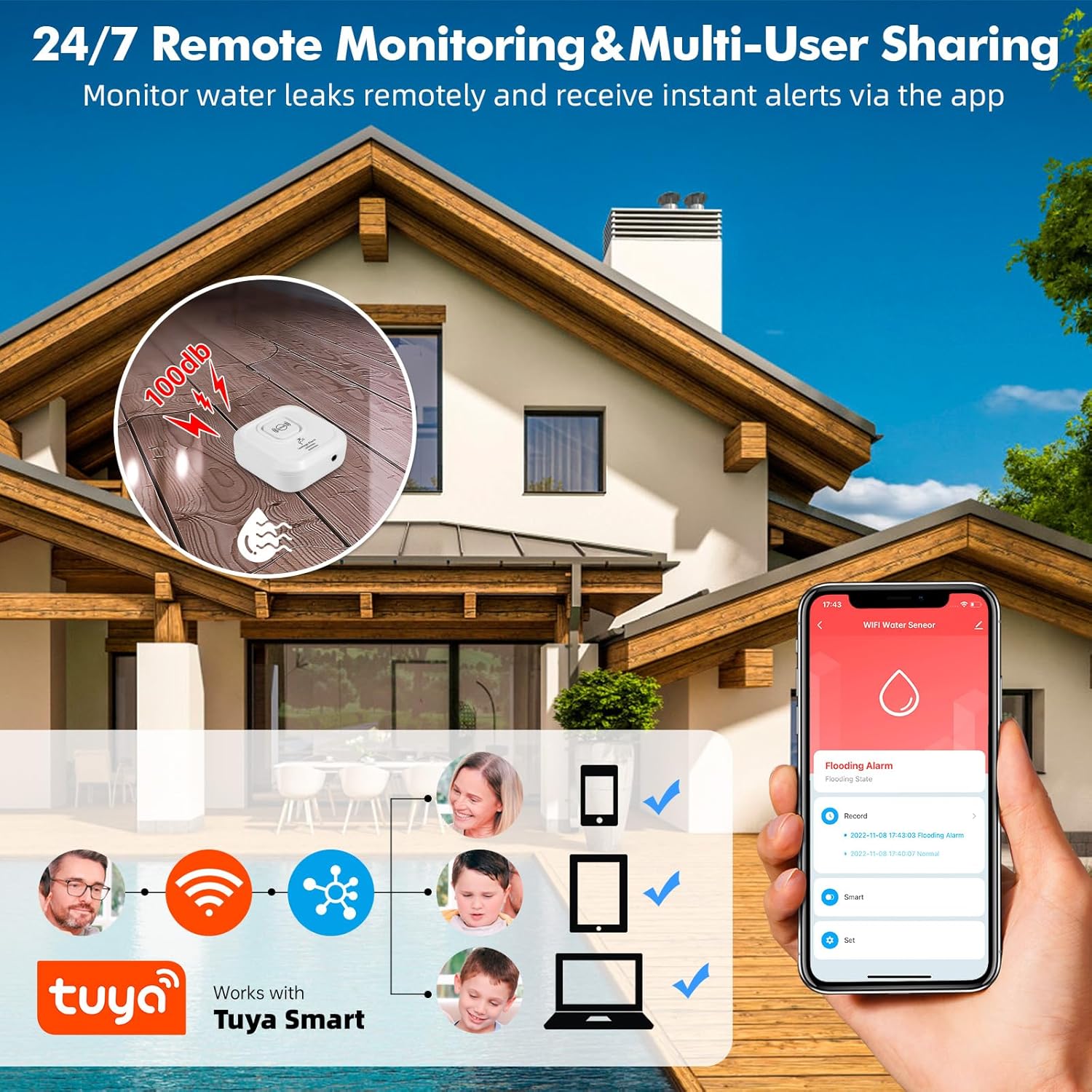 Image showing a house layout with the water leak detector emitting a 100dB alarm, indicating it's loud enough to be heard throughout the house.