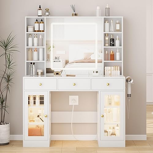 Miniatura 9 de Escritorio de tocador blanco con espejo y luces, mesa de tocador de maquillaje con espejo iluminado, 5 cajones y gabinete RGB, juego de tocador con