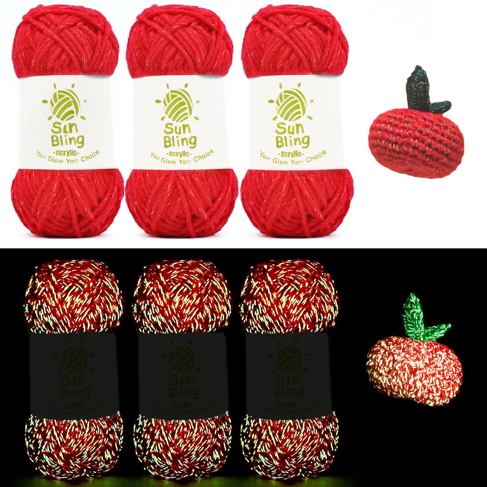 Crochet Yarn Glow in The Dark, SunBling Luminous 3 Pack of 5.29Oz/230Yards Acrylic Yarn for Handicraft Knitting, Light#3 Worsted Yarns Ideal for Beginners Adults, DIY Birthday Gifts for Women (Red)
